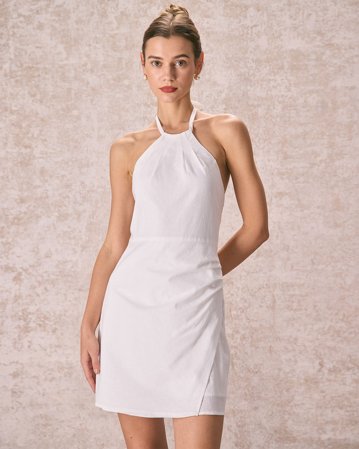 The White Ruched Halter Mini Dress Fashion Style For Sale