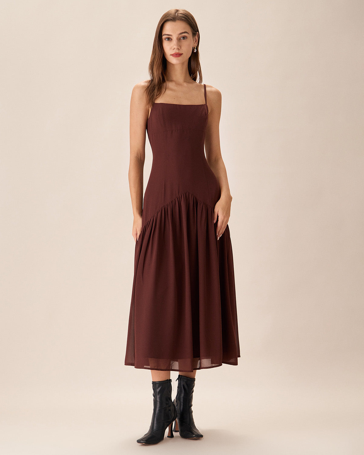 Brown Chiffon Ruched Slip Midi Dress Cheap Extremely