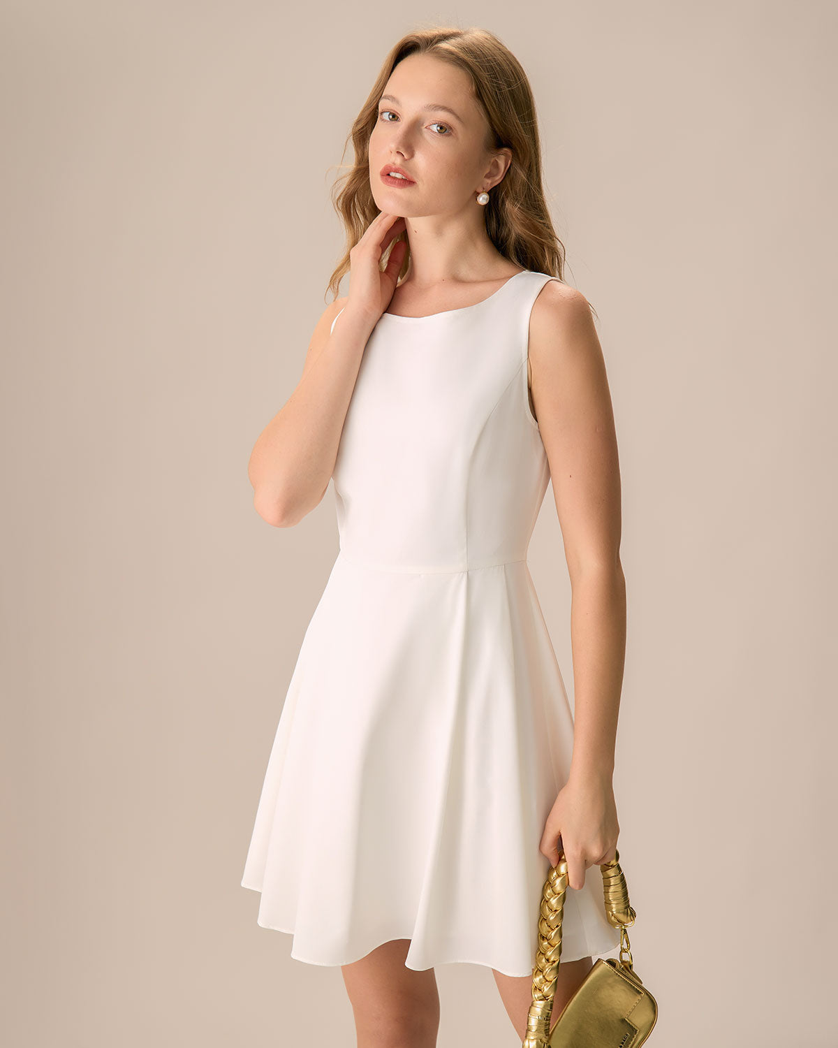 The White Round Neck Pleated Mini Dress Cheap Sale Latest Collections