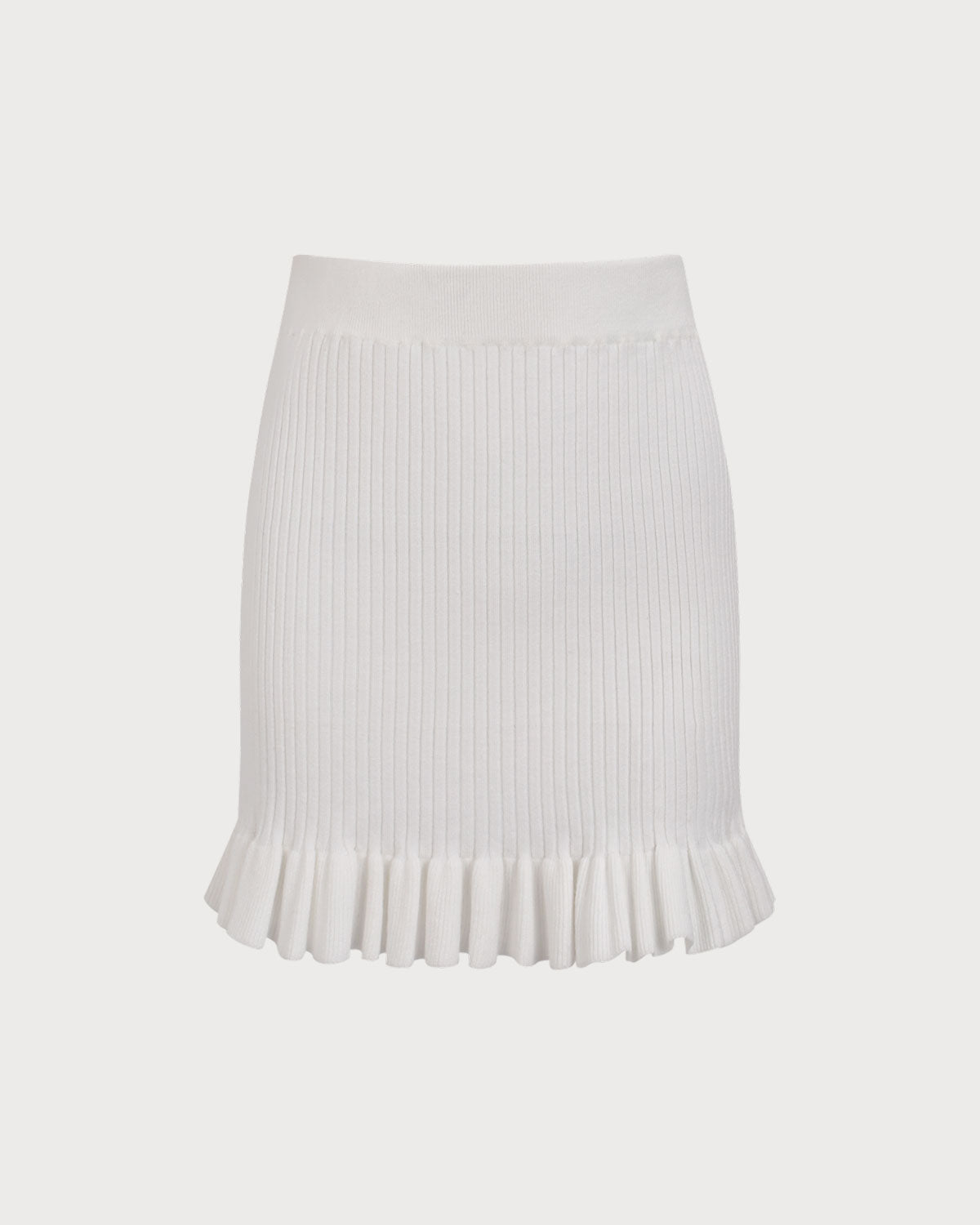 Women's White Ruffle Straight Knit Mini Skirt