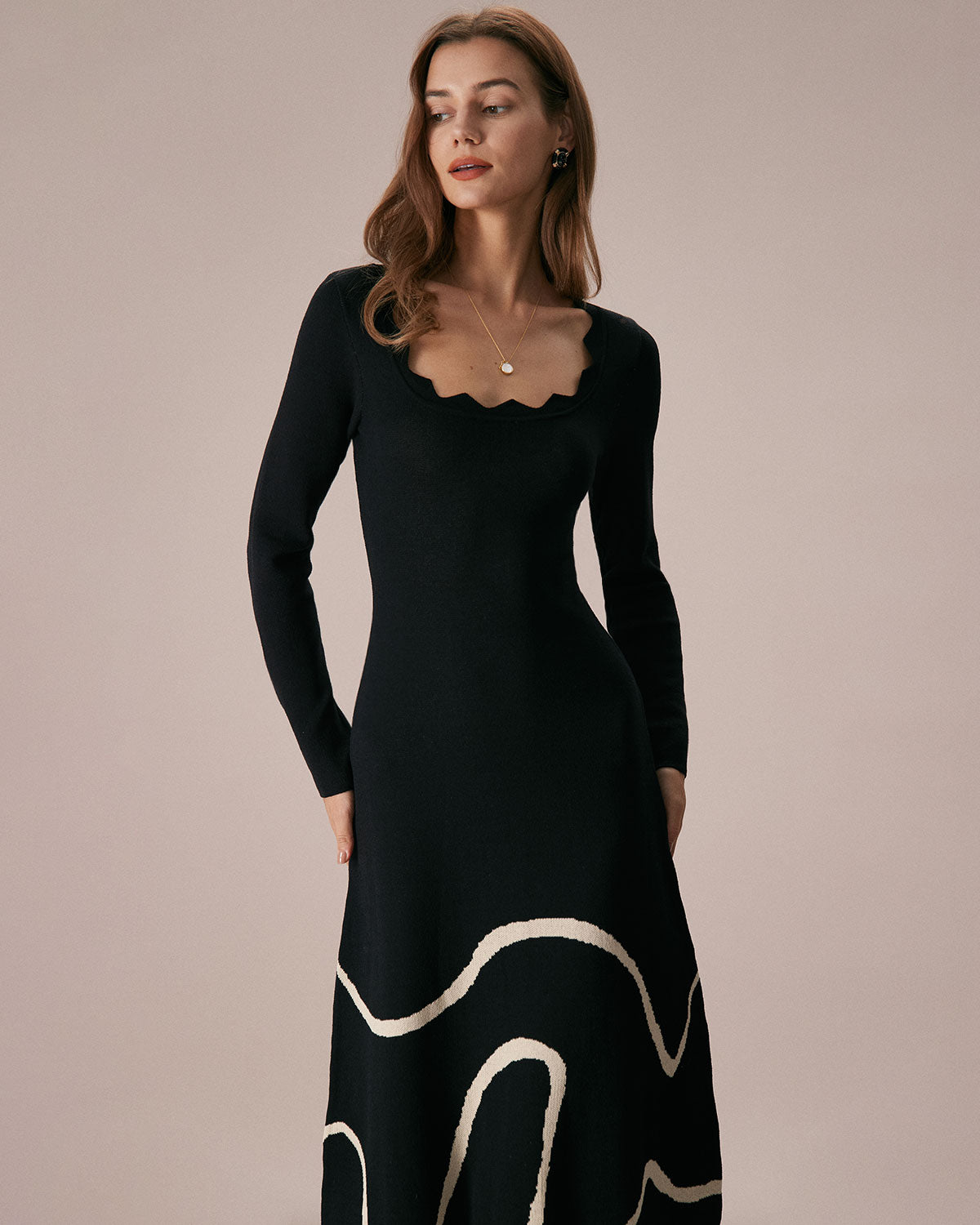 The Black Wave Scalloped Sweater Midi Dress Clearance Online