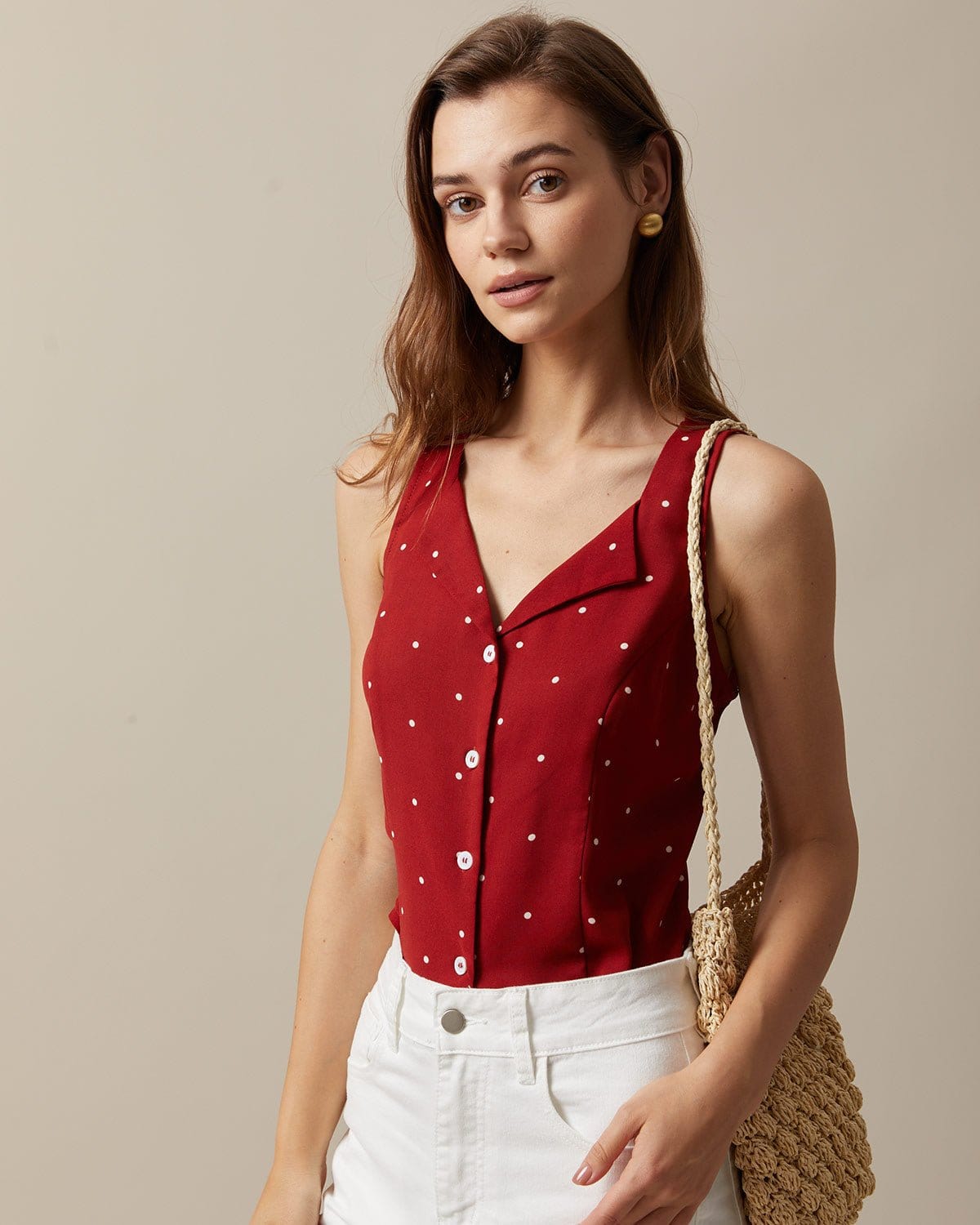 The Red V Neck Polka Dot Print Sleeveless Vest Discount Visit New