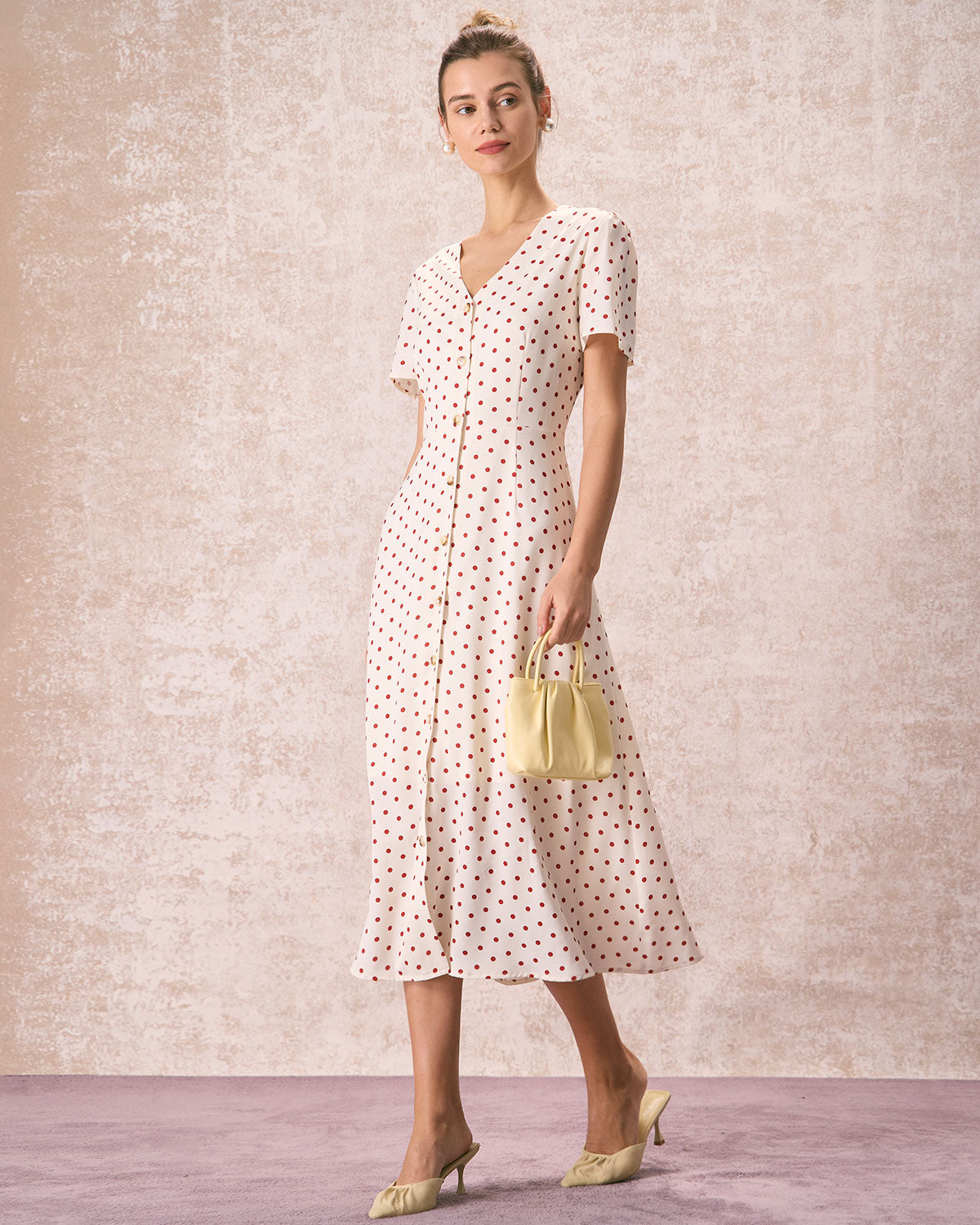 The Beige V Neck Polka Dot Button Midi Dress Free Shipping 2025 Unisex