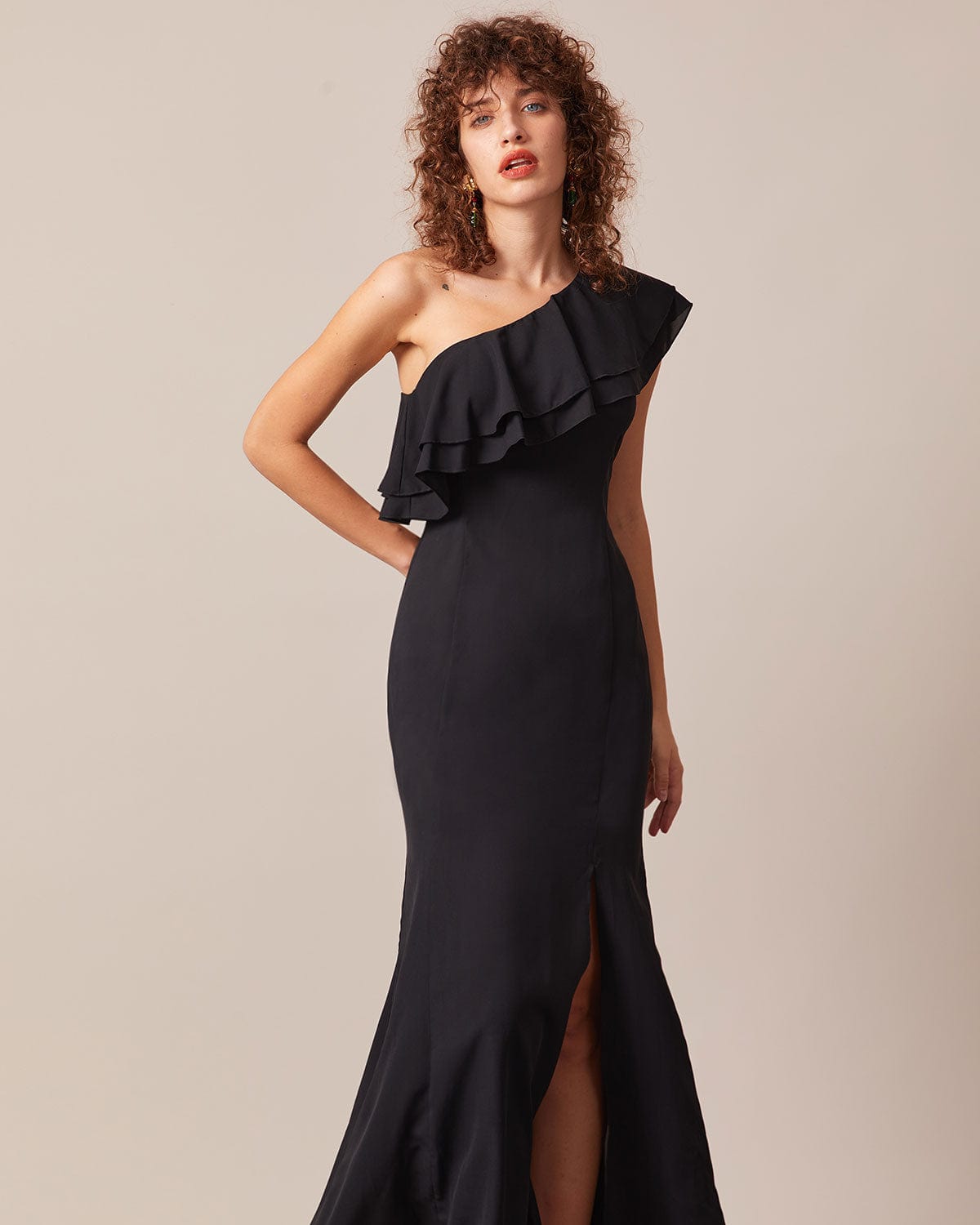The Black One Shoulder Flounce Maxi Dress Low Pice Sale Online