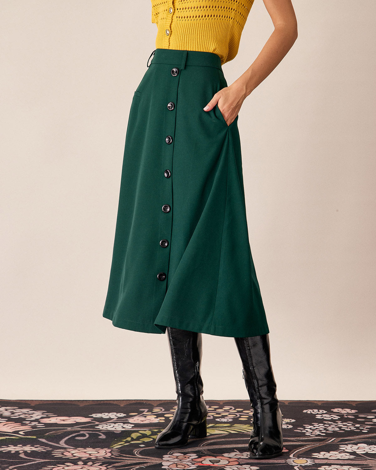 Green High-waisted Button Midi Skirt Cheap Sale Pick A Best