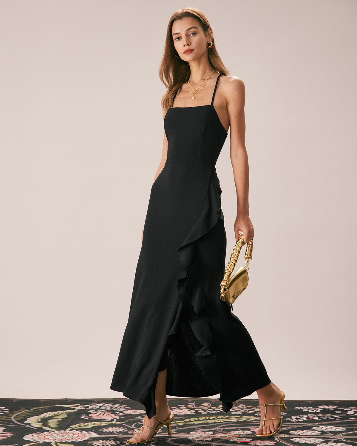 The Black Ruffle Cross Back Strap Maxi Dress Pre Order
