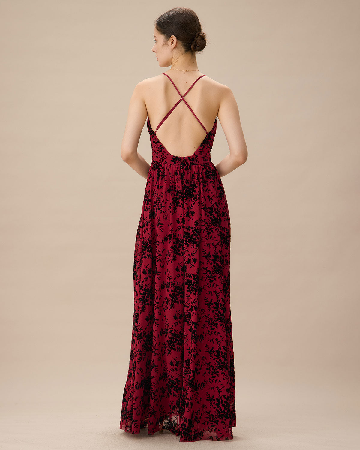 Red Floral Flocked Mesh Slit Maxi Dress Clearance Online Official Site