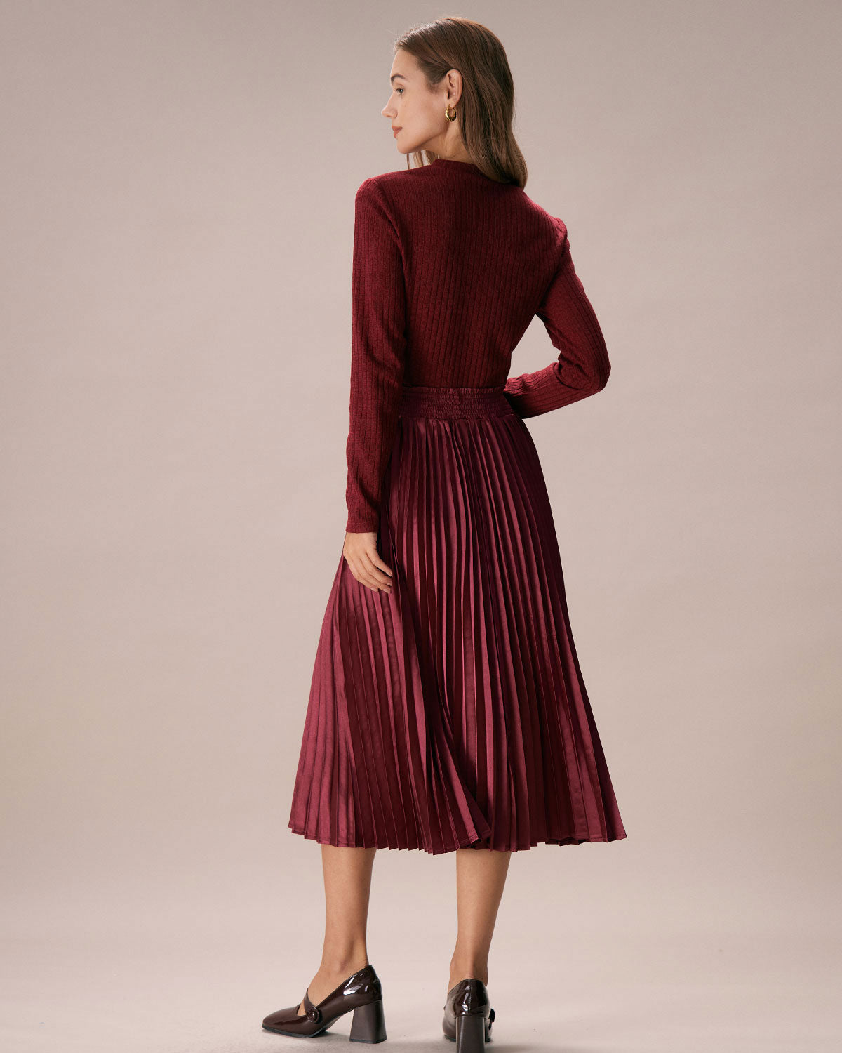 The Wine Red Elastic Waist Pleated Midi Skirt Discount Tumblr