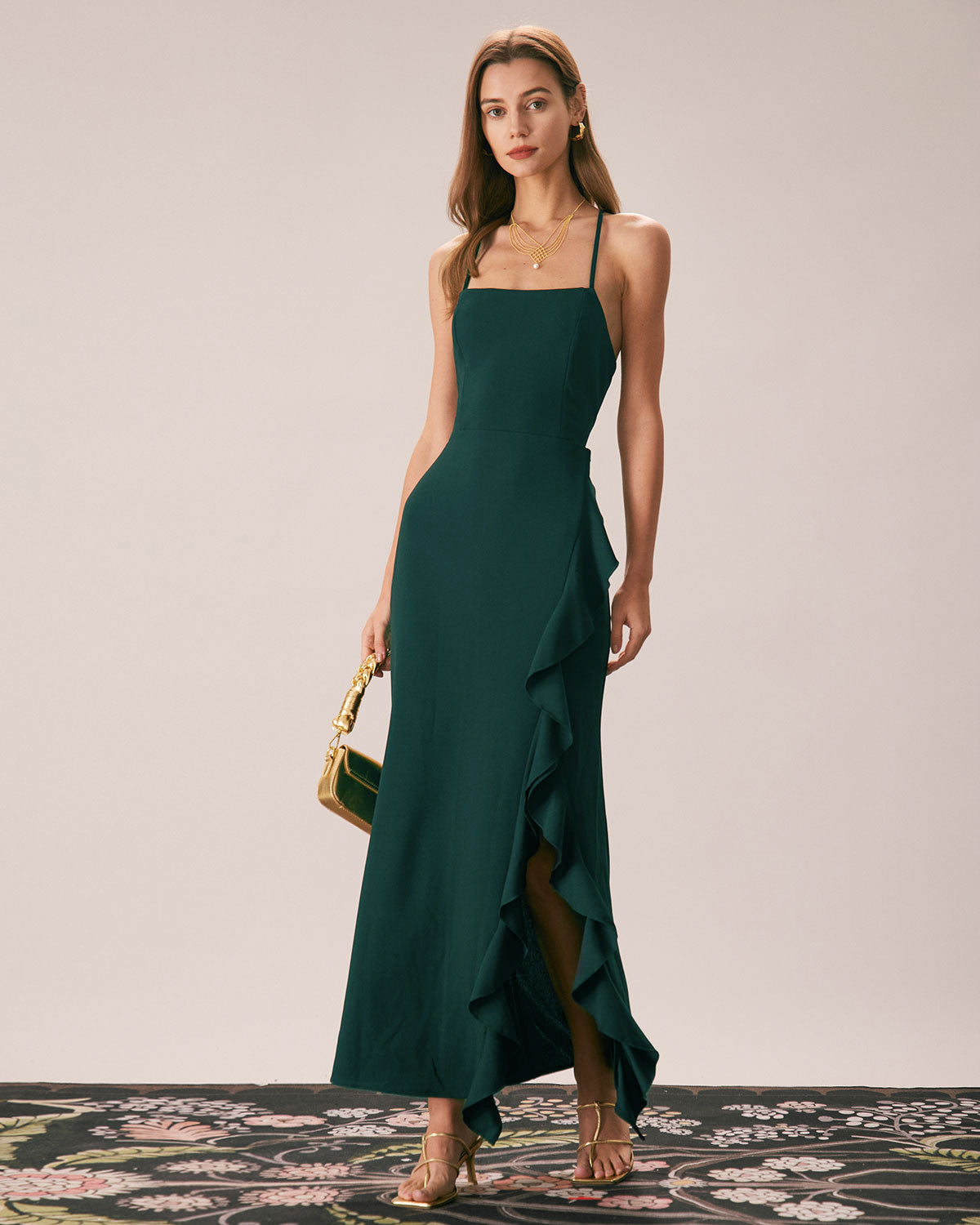 The Green Ruffle Cross Back Strap Maxi Dress Discount Professional