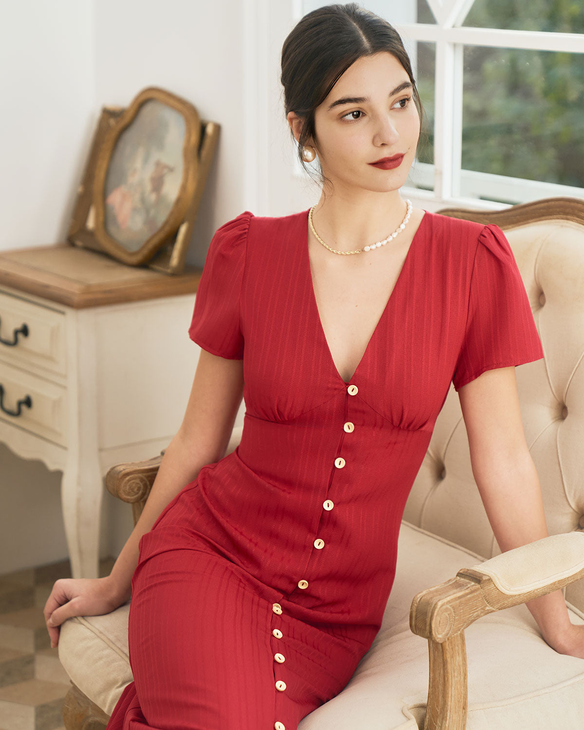 The Red V Neck Shirred Puff Sleeve Midi Dress For Cheap Online