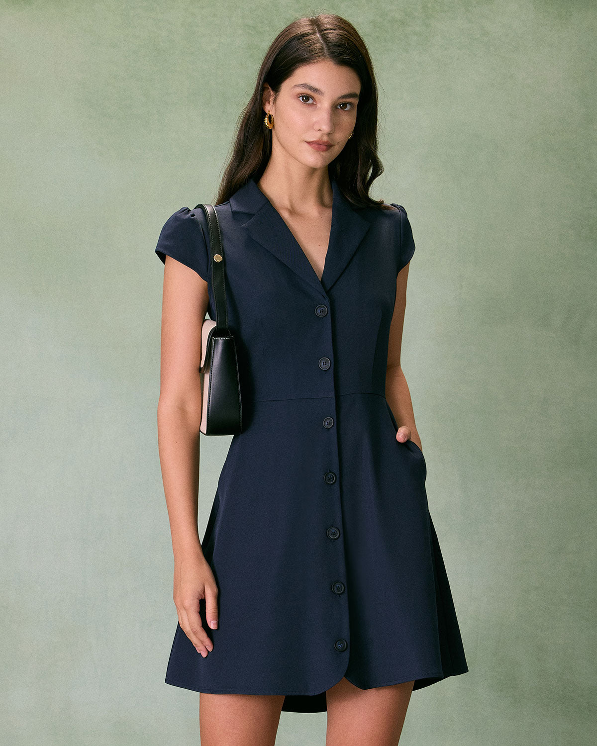 The Navy Lapel Cap Sleeve Button-up Mini Dress Cheap Sale Amazon