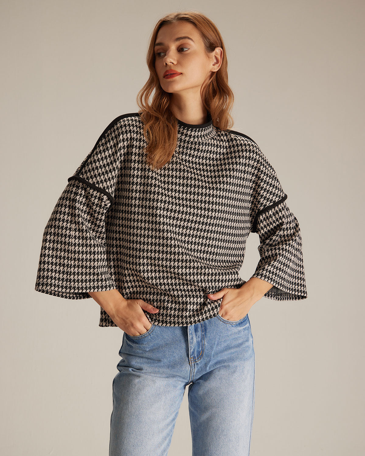 The Black Mock Neck Houndstooth Sweatshirt Cheap Sale Fashionable