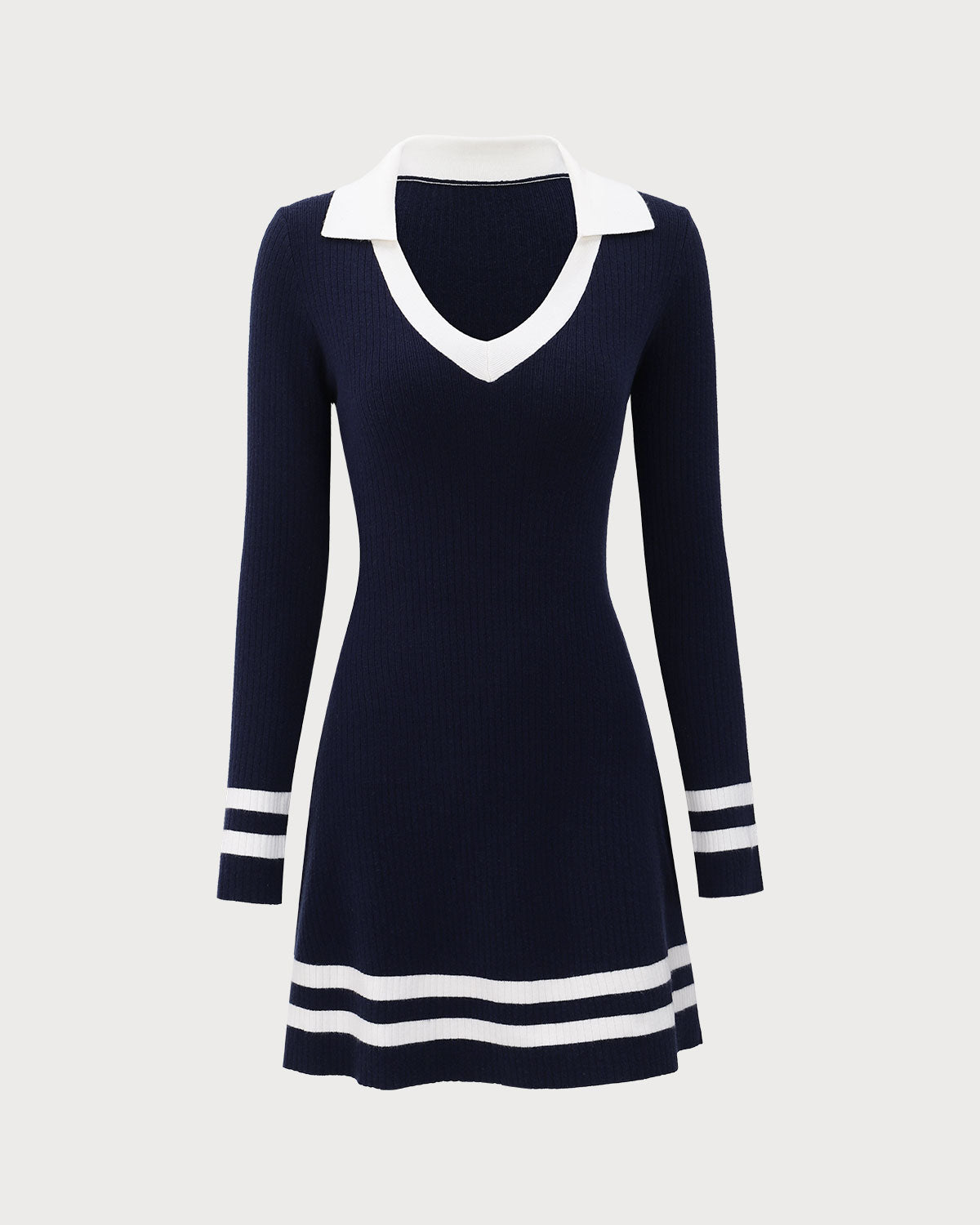 Navy Contrasting V Neck Striped Sweater Dress Cheap Sale Enjoy