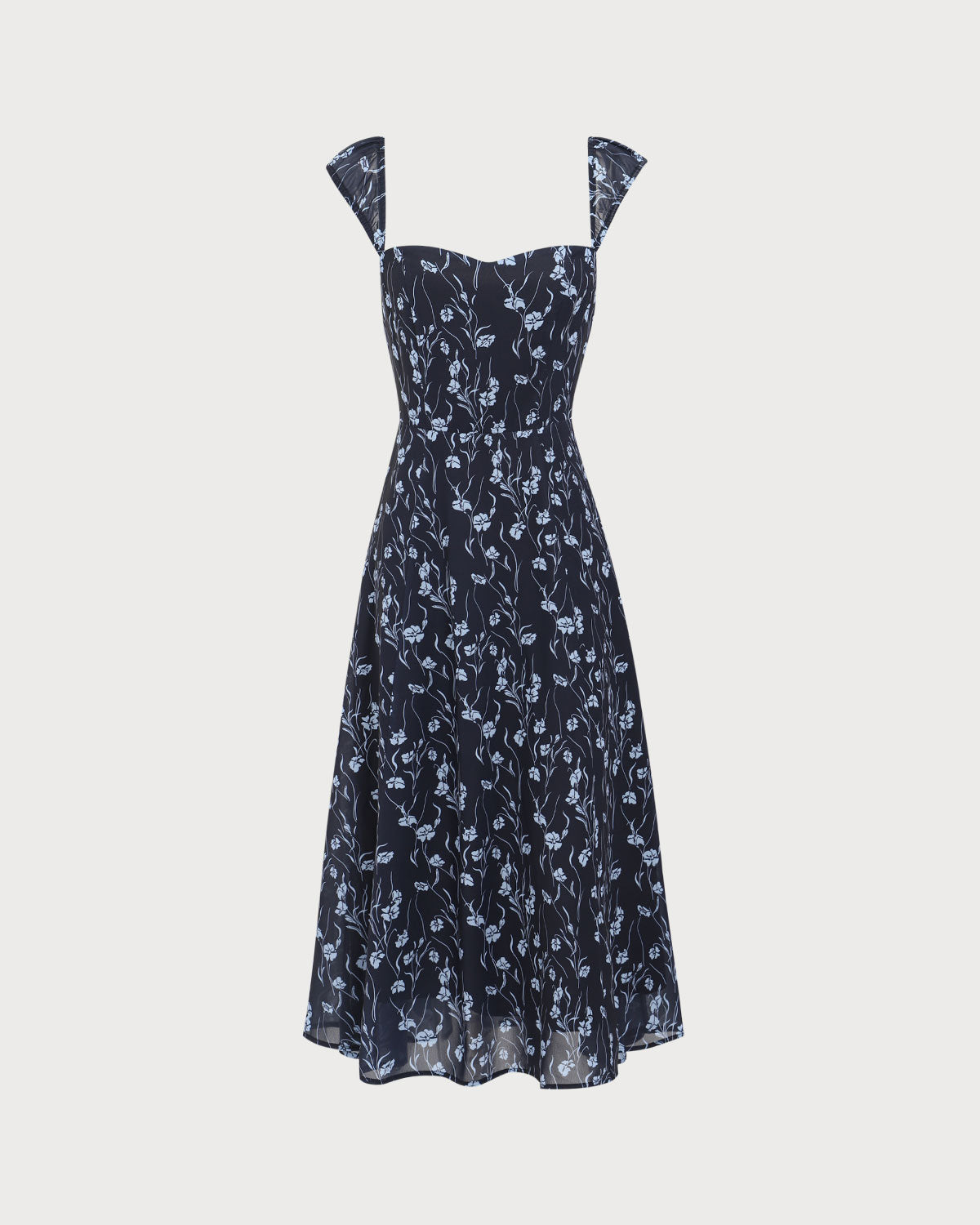 Navy Floral Sweetheart Neck Midi Dress Genuine Sale Online