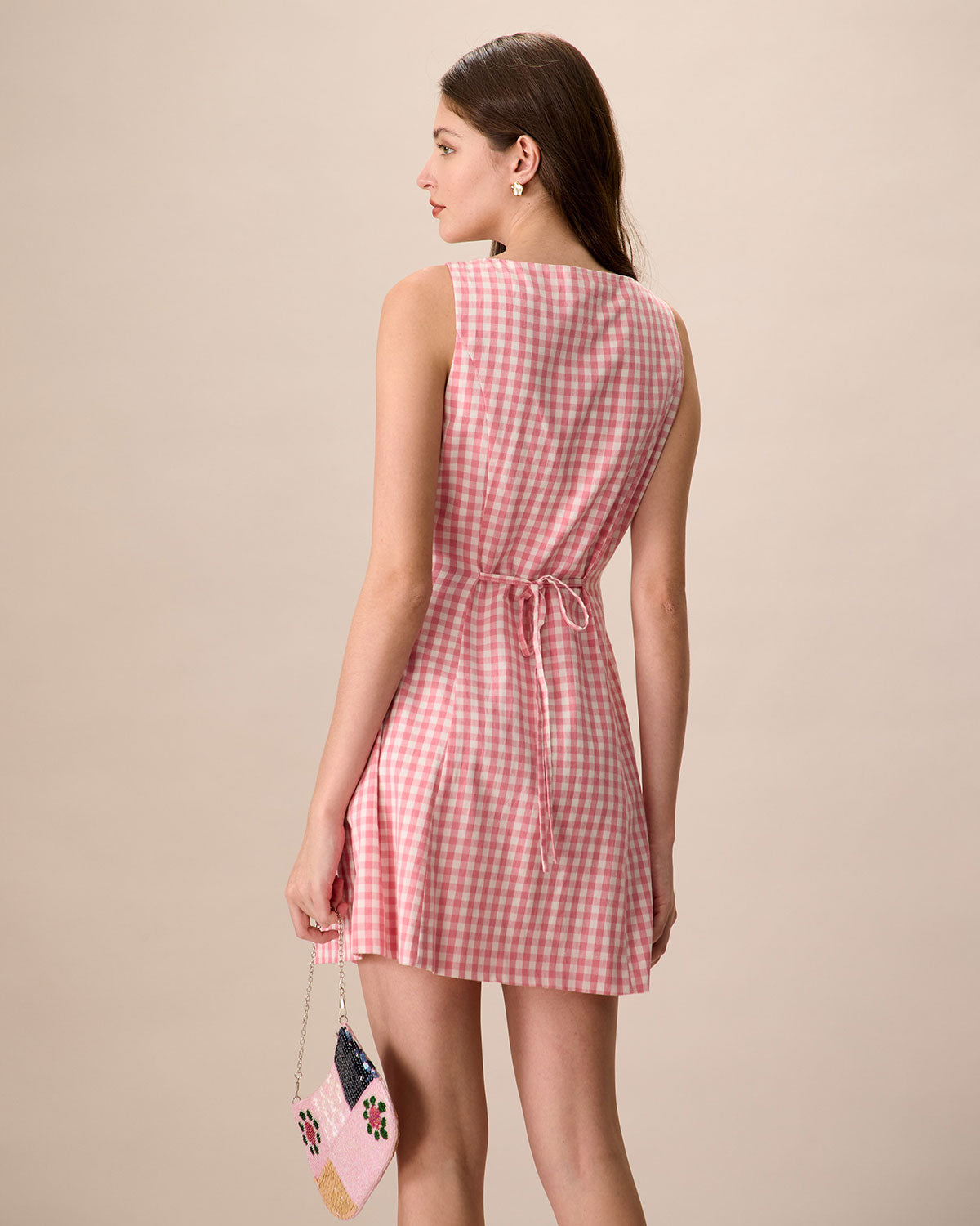 Women's Pink V-Neck Plaid Cotton Mini Dress