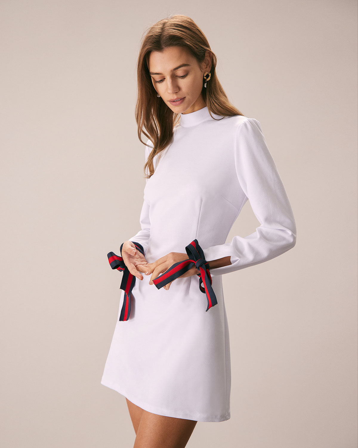 The White Mock Neck Bowknot Cuff Mini Dress Many Kinds Of Sale Online