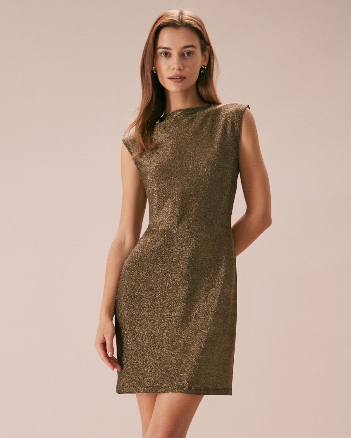 The Gold Mock Neck Lurex Mini Dress Fake Cheap Online