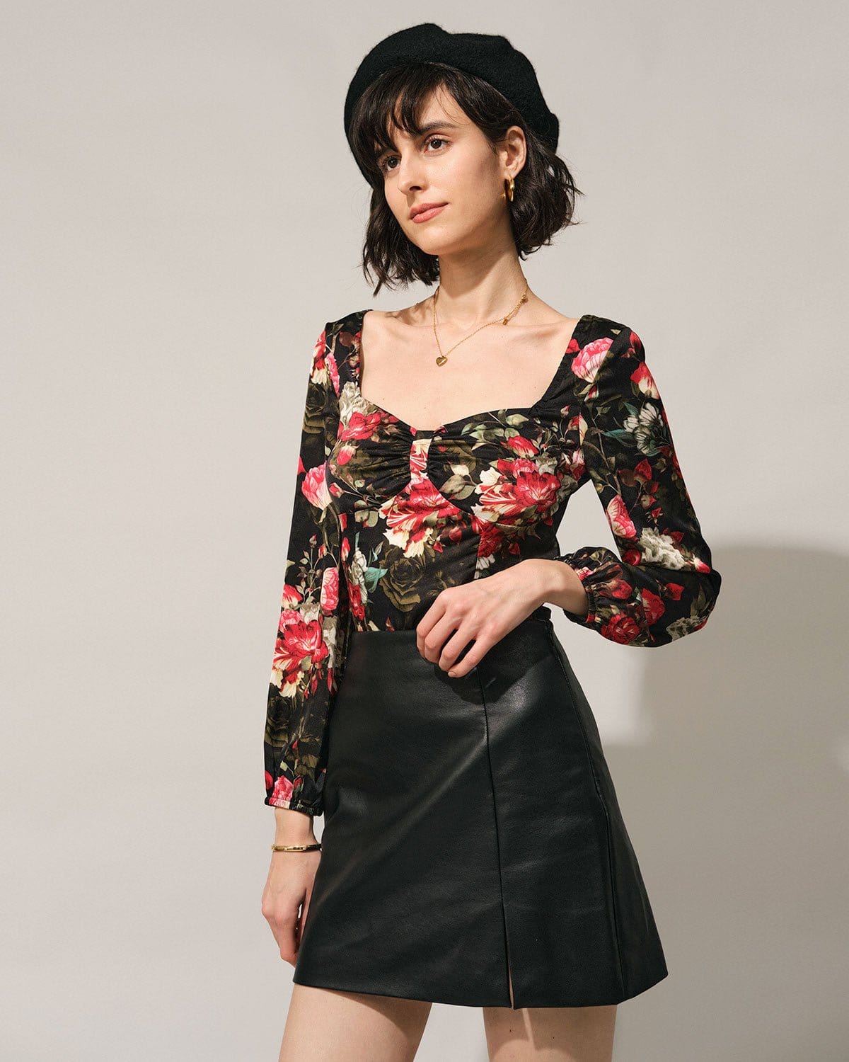 The Black Square Neck Floral Satin Blouse Best Sale For Sale