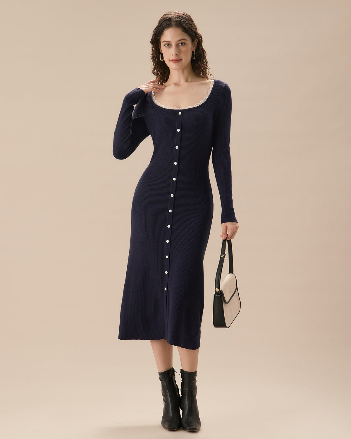 Navy Contrasting Button-Up Sweater Dress Outlet Locations For Sale