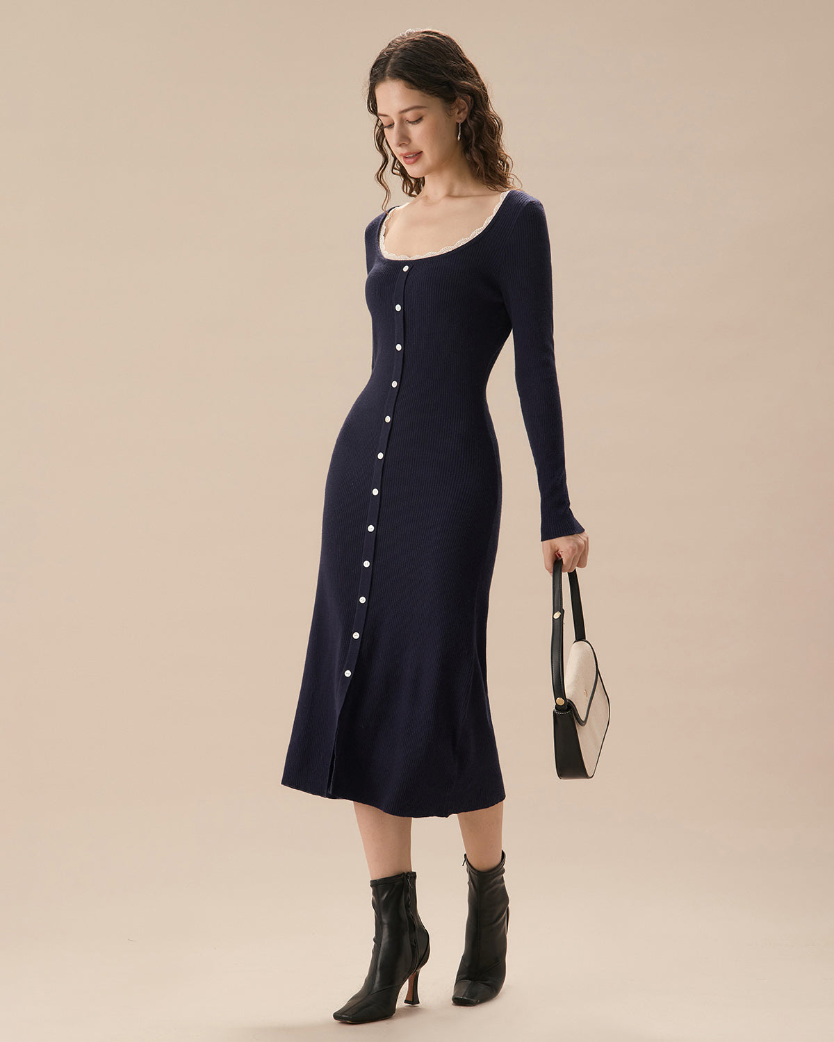 Navy Contrasting Button-Up Sweater Dress Outlet Locations For Sale