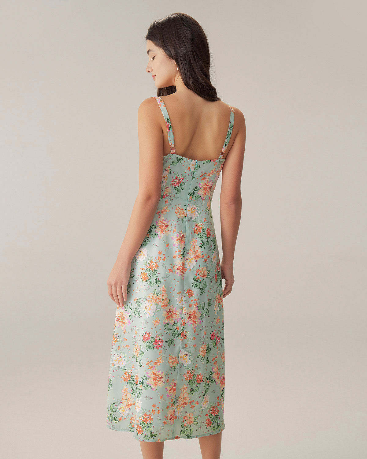 Green Floral Sweetheart Neck Slip Midi Dress Free Shipping With Credit Card