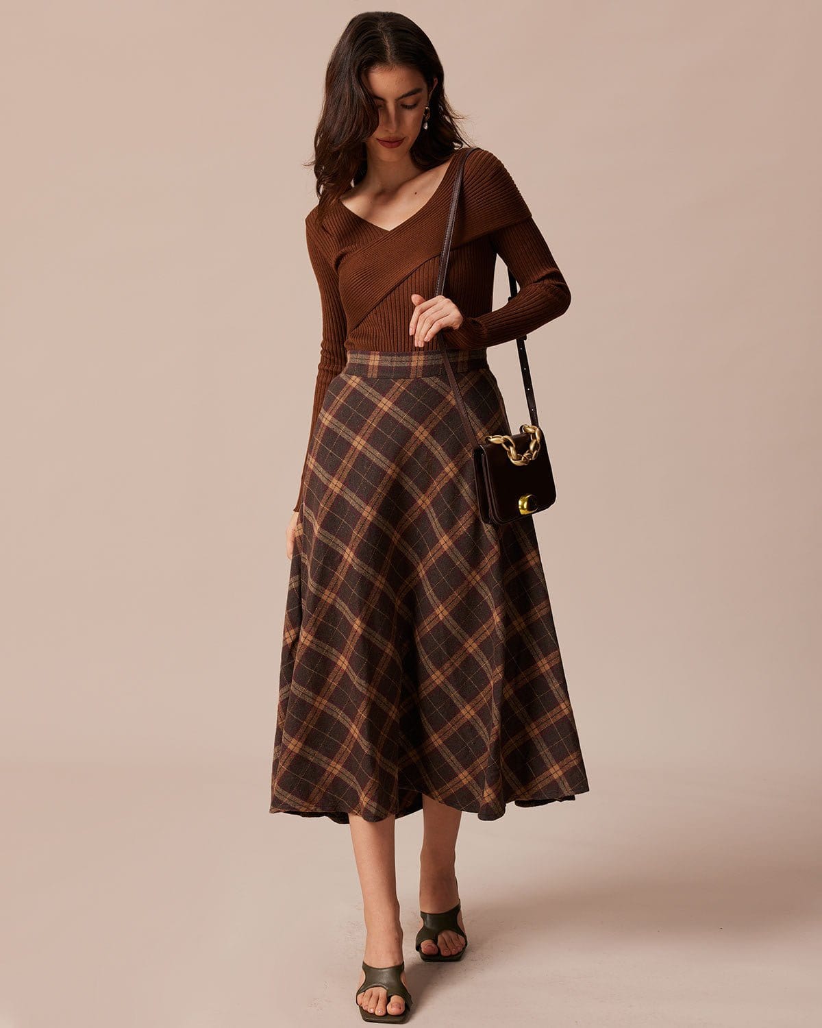 The Brown Elastic Waist Plaid A-Line Midi Skirt Cheap Low Pice