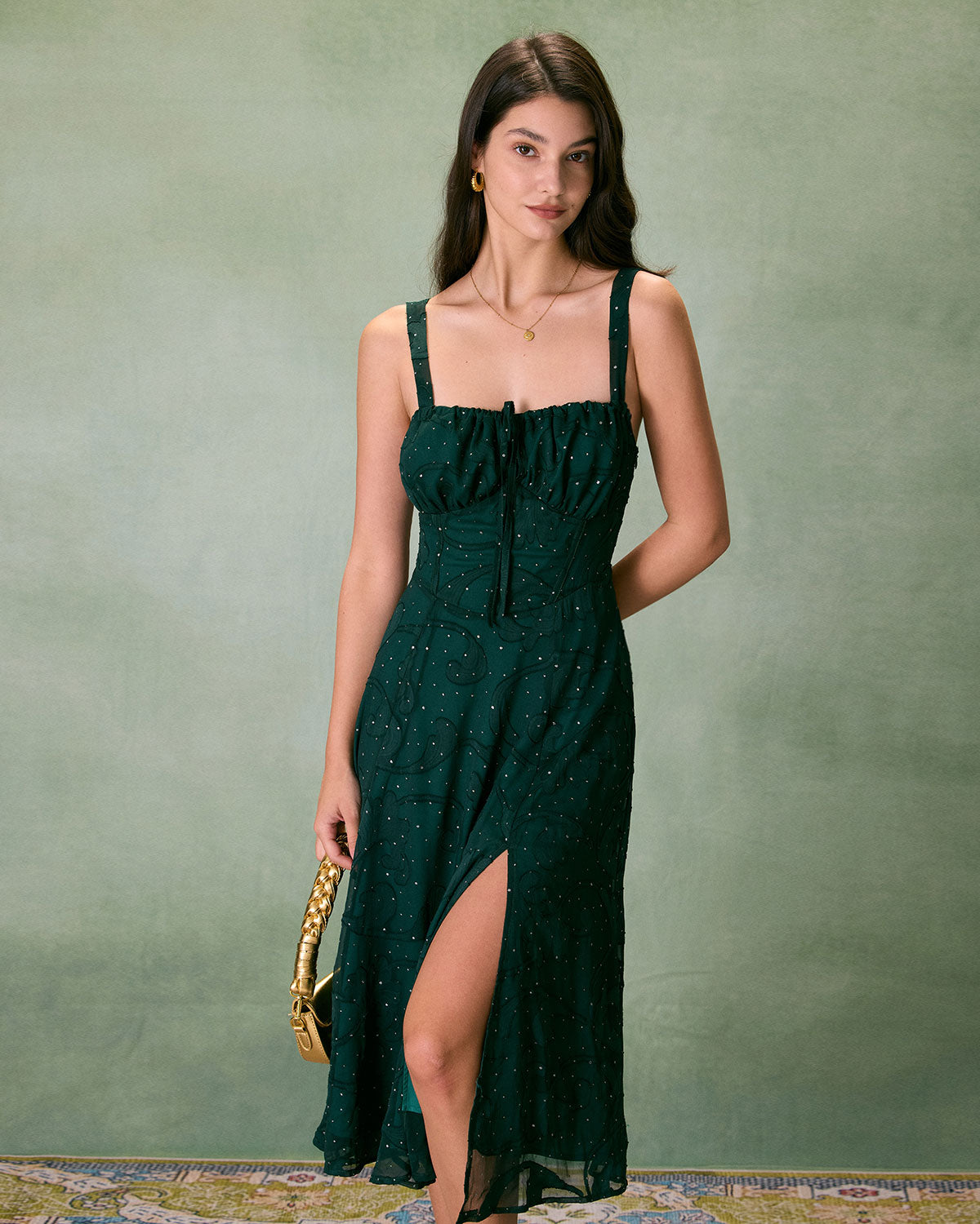 The Green Square Neck Jacquard Slit Midi Dress Pictures Cheap Online