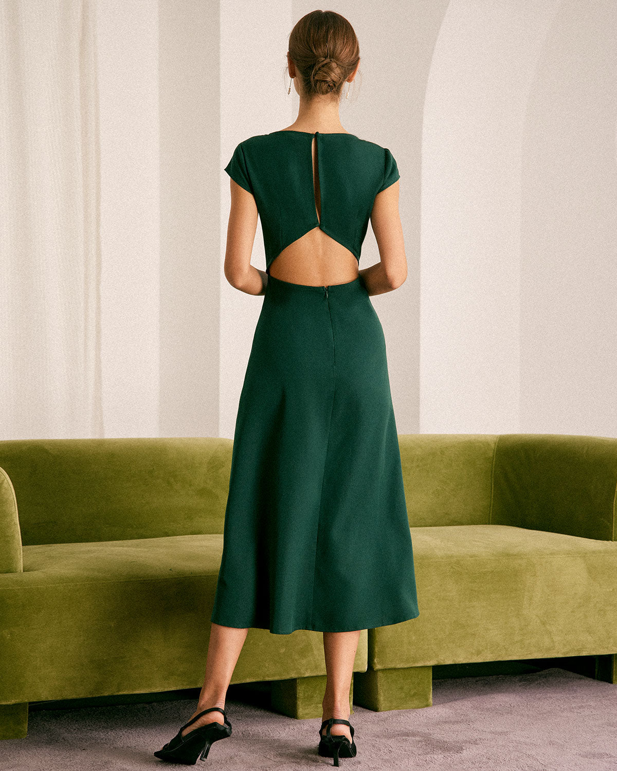 The Green Boat Neck Cutout Back Midi Dress Sale Low Cost