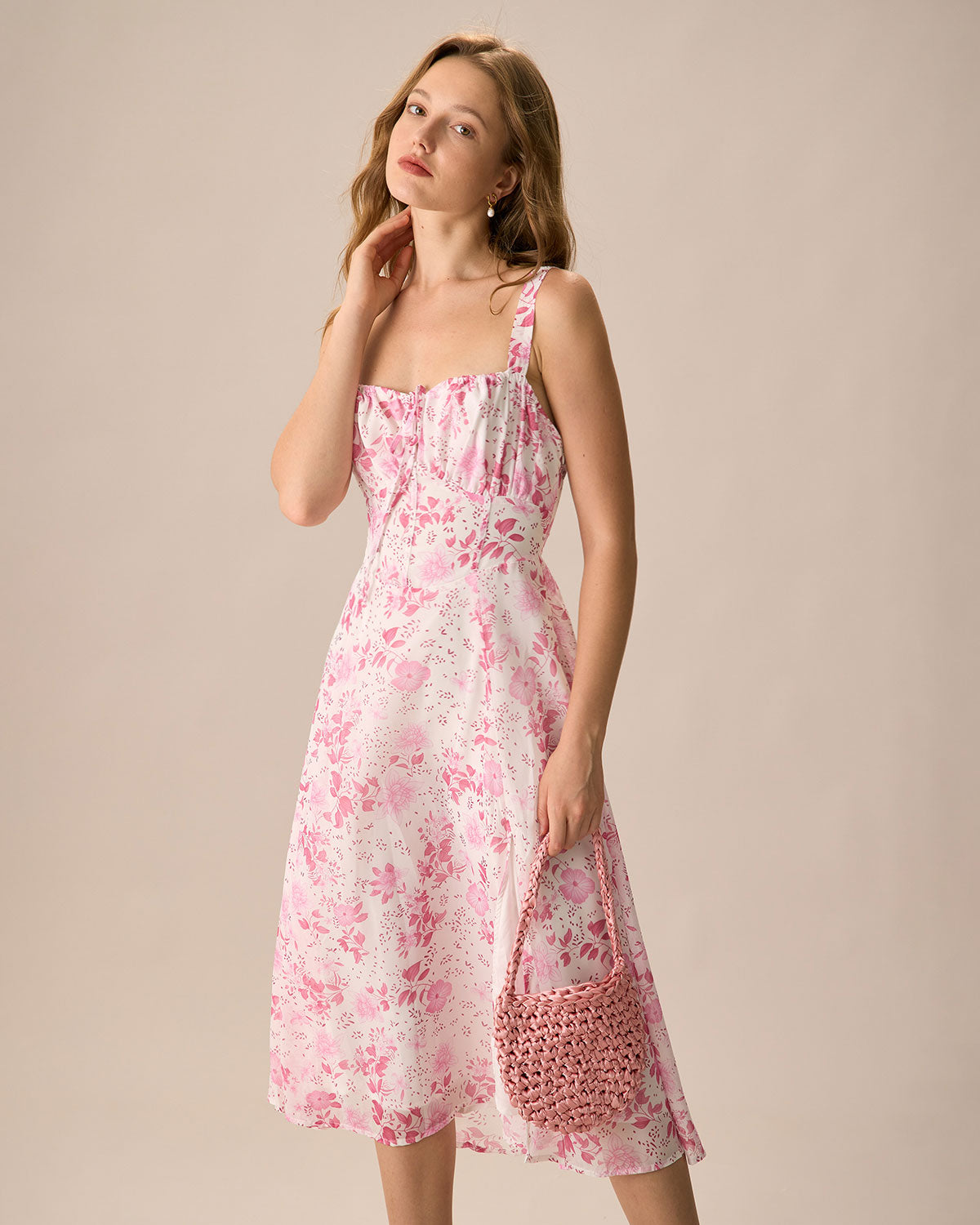 The Pink Square Neck Floral Ruched Midi Dress Outlet Fashionable