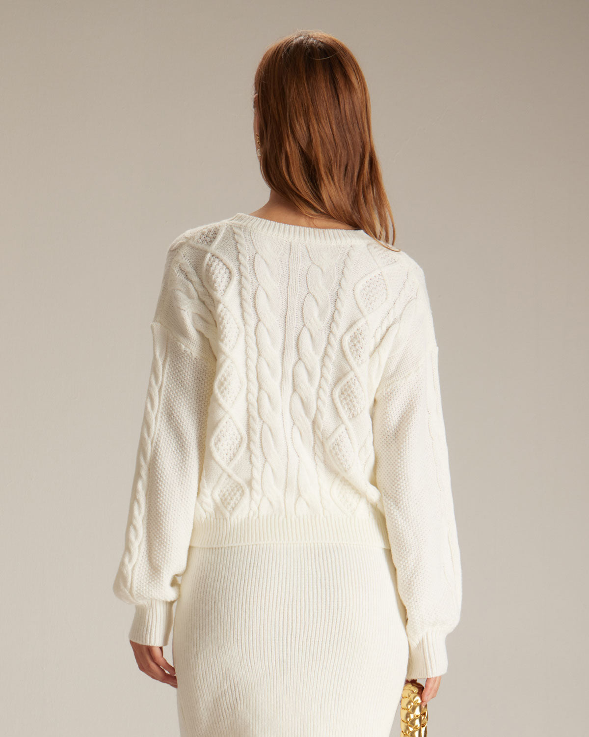 The Beige Round Neck Ribbed Cable Sweater Cheap Sale Supply