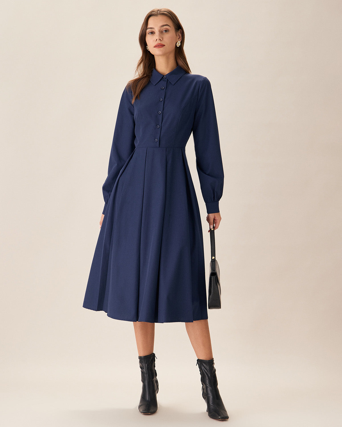 Navy Pleated Button Midi Dress Cheap Sale Wholesale Pice