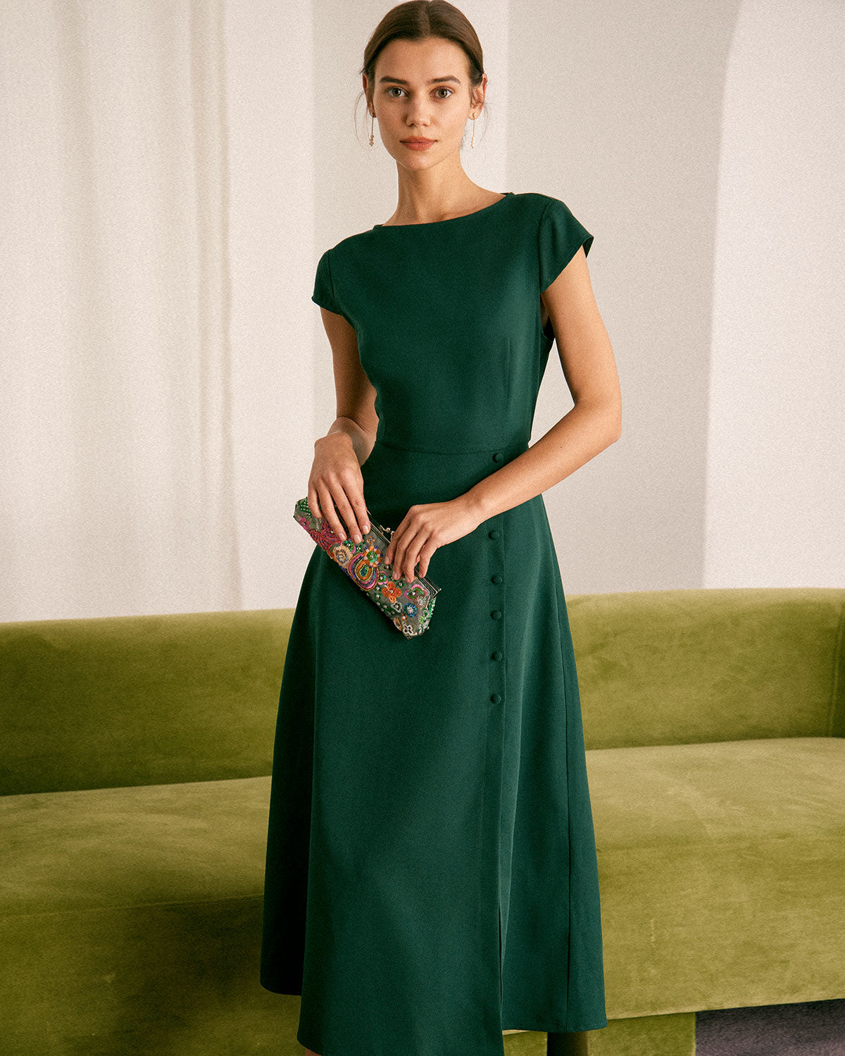 The Green Boat Neck Cutout Back Midi Dress Sale Low Cost