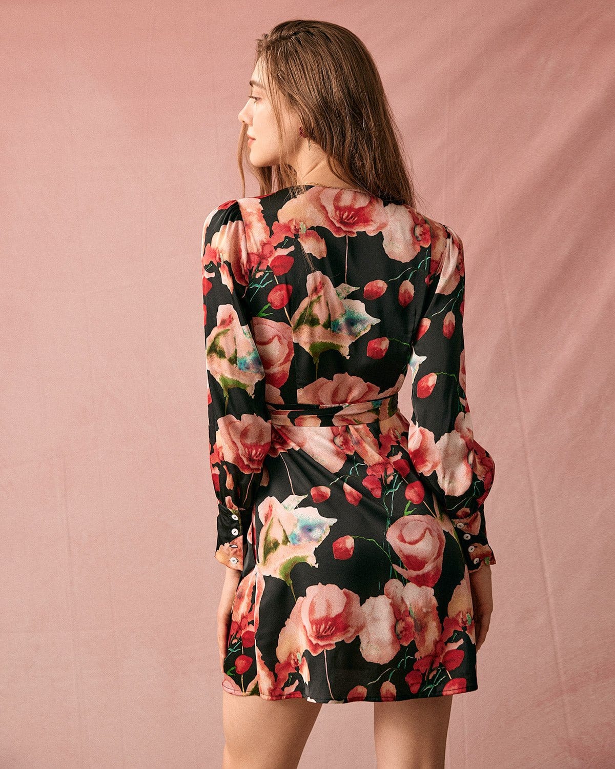 The V Neck Long Sleeve Floral Wrap Mini Dress Sale 100% Guaranteed