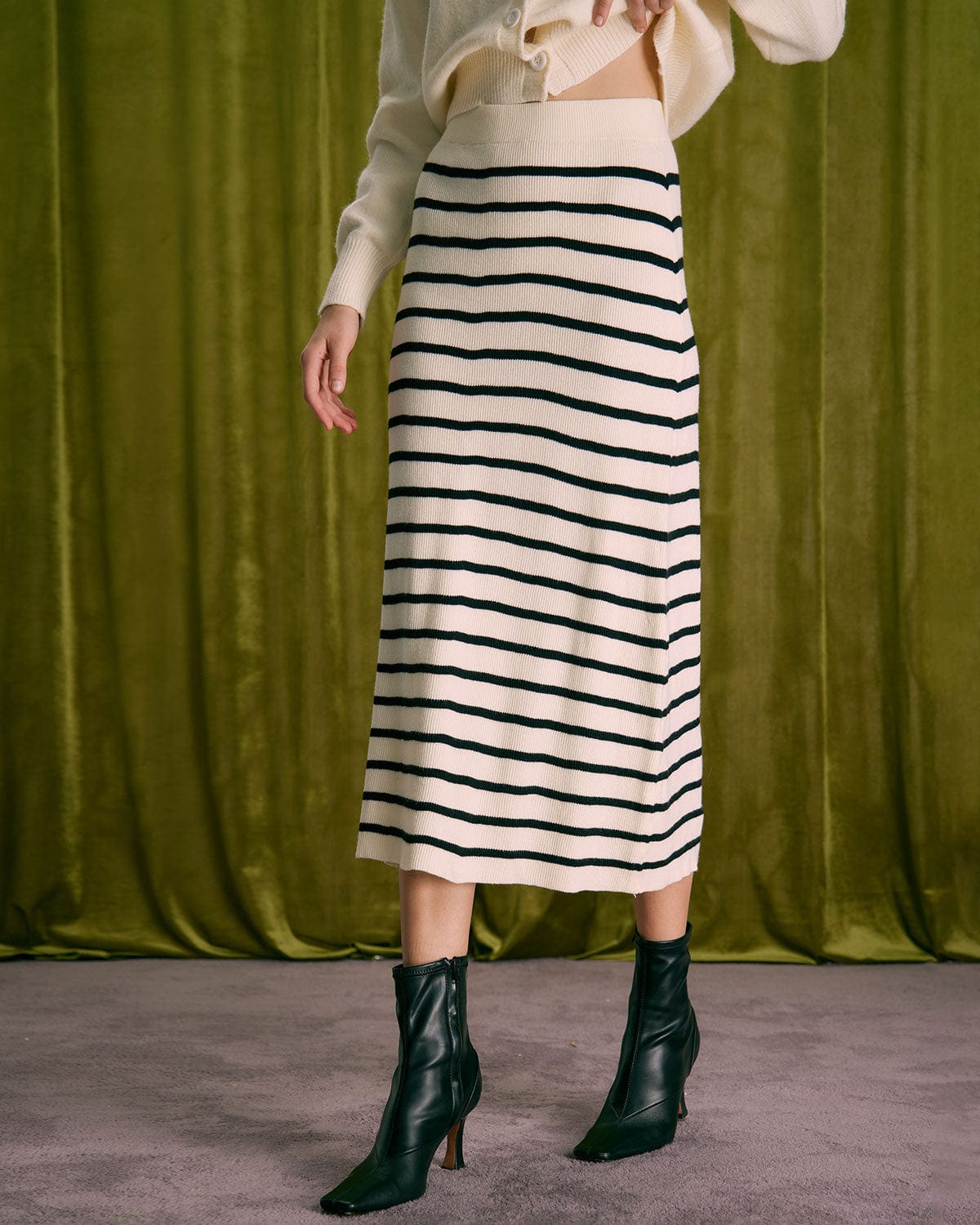 The Beige Elastic Waist Striped Knit Midi Skirt Free Shipping With Mastercard