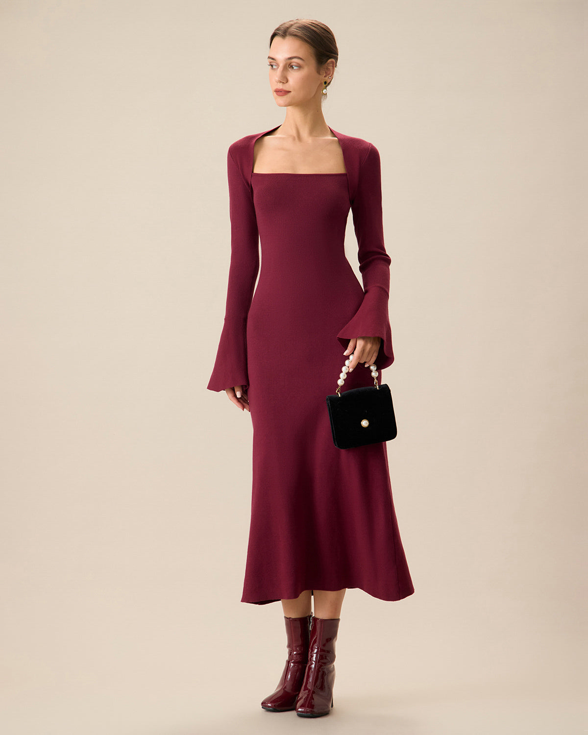 The Red Square Neck Flare Sleeve Midi Dress Outlet