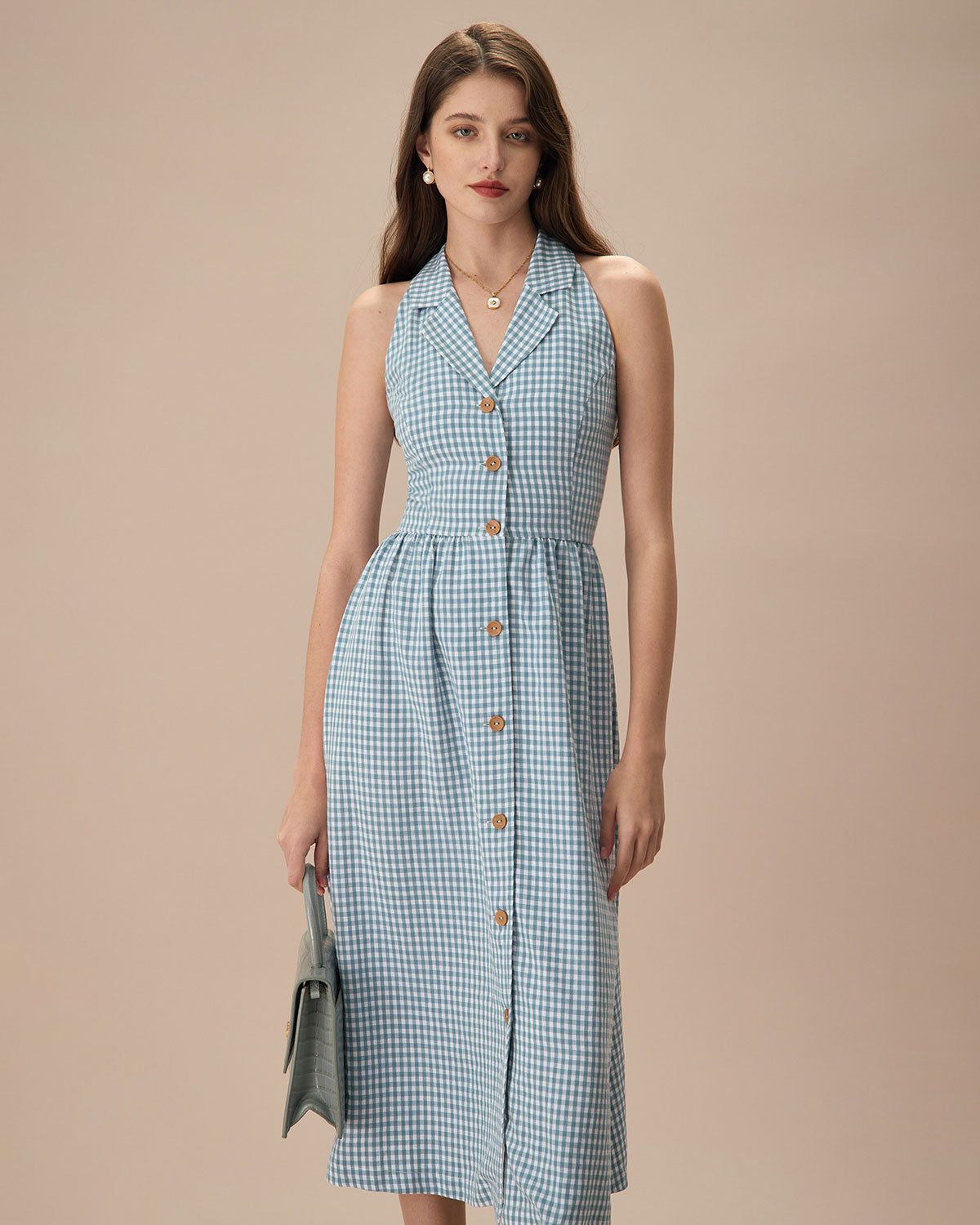 The Blue Lapel Plaid Sleeveless Shirt Midi Dress Fast Delivery For Sale