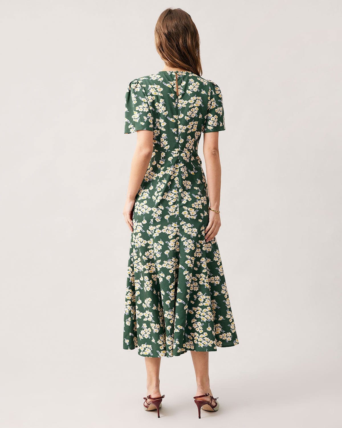 The Green Round Neck Short Sleeve Floral Midi Dress Shop For Sale