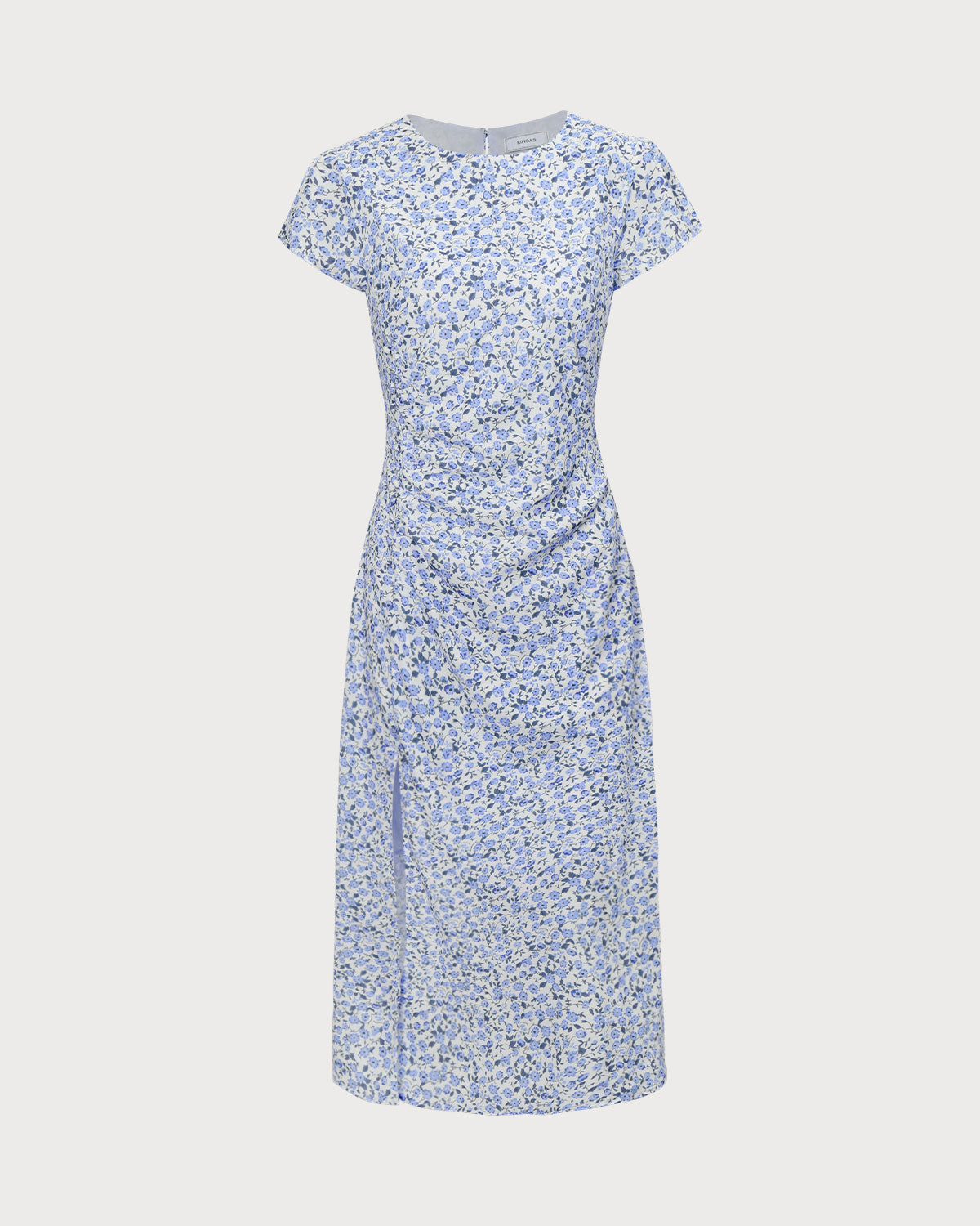 The Blue Round Neck Floral Slit Midi Dress Clearance Explore