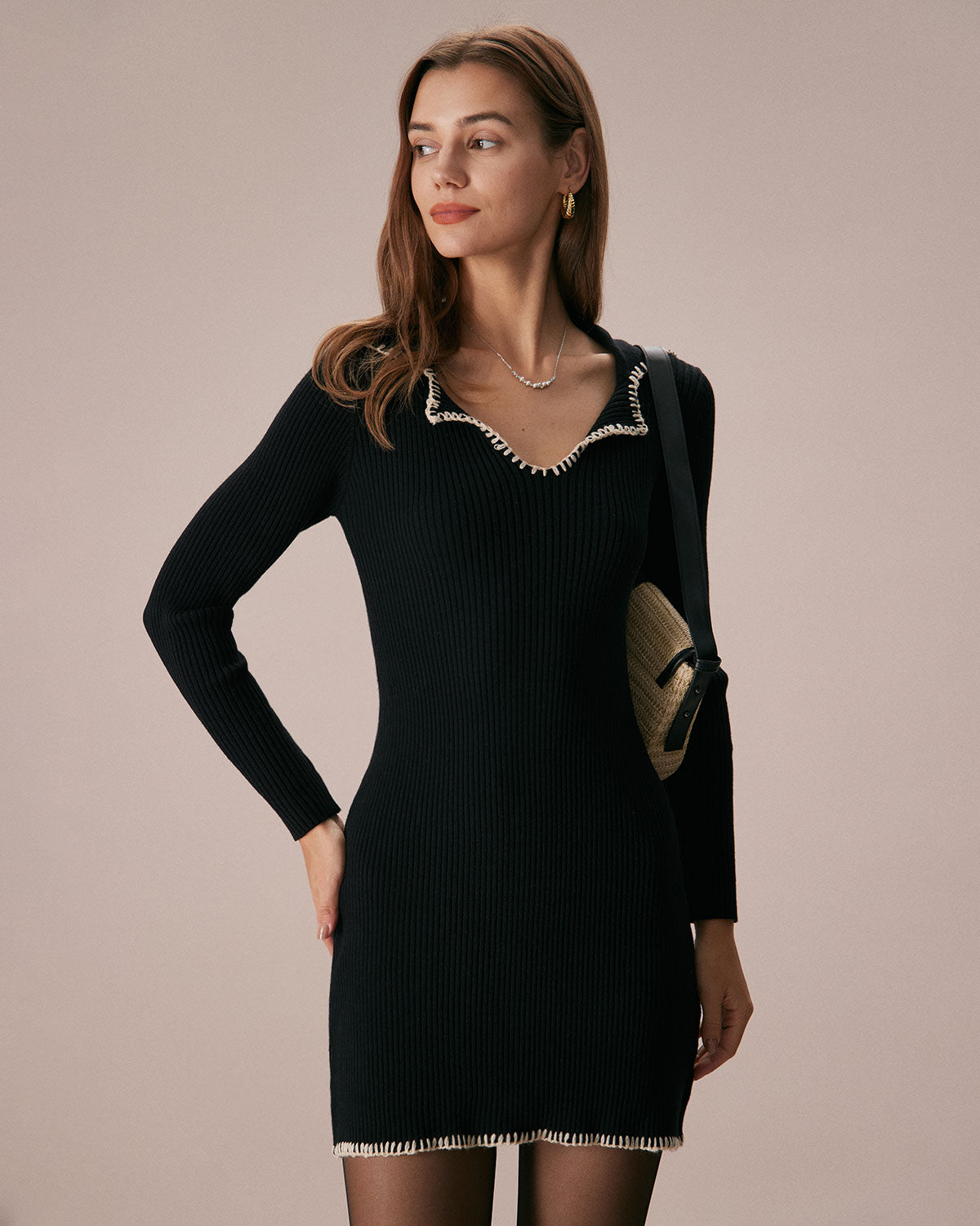 The Black Contrast Stitch Sweater Mini Dress Visit For Sale