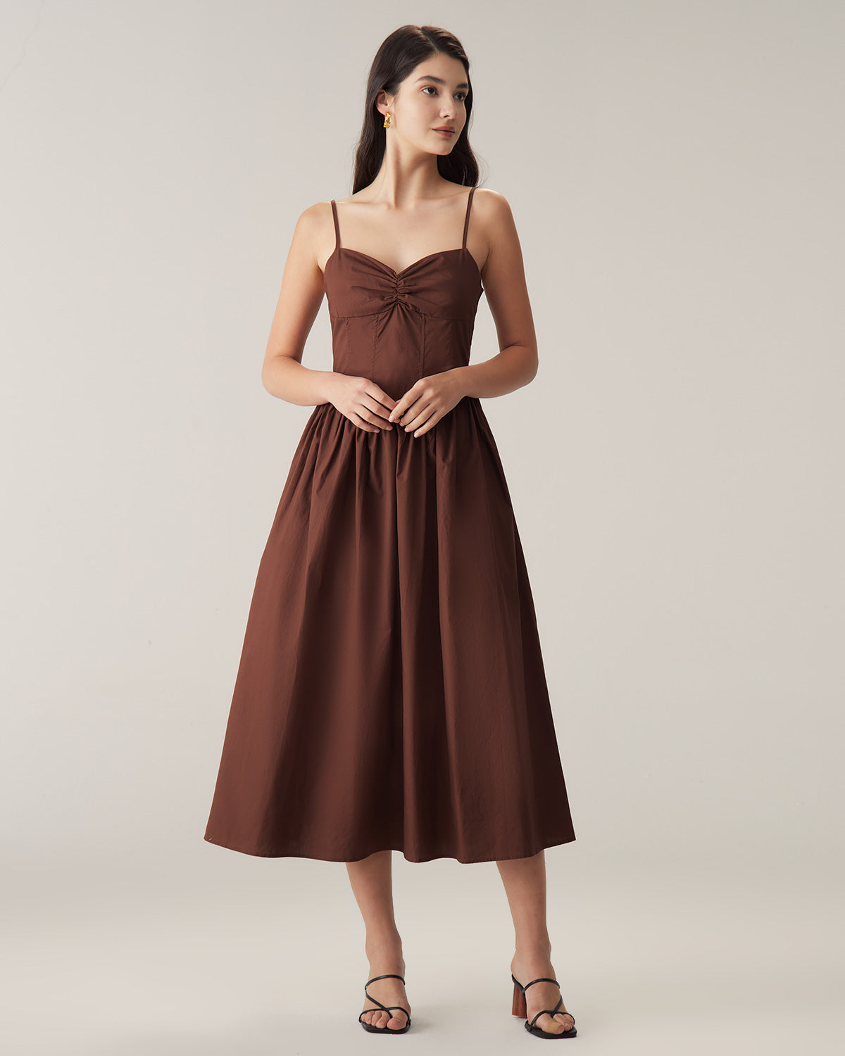 Brown Sweetheart Neck Slip Midi Dress Discount Great Deals