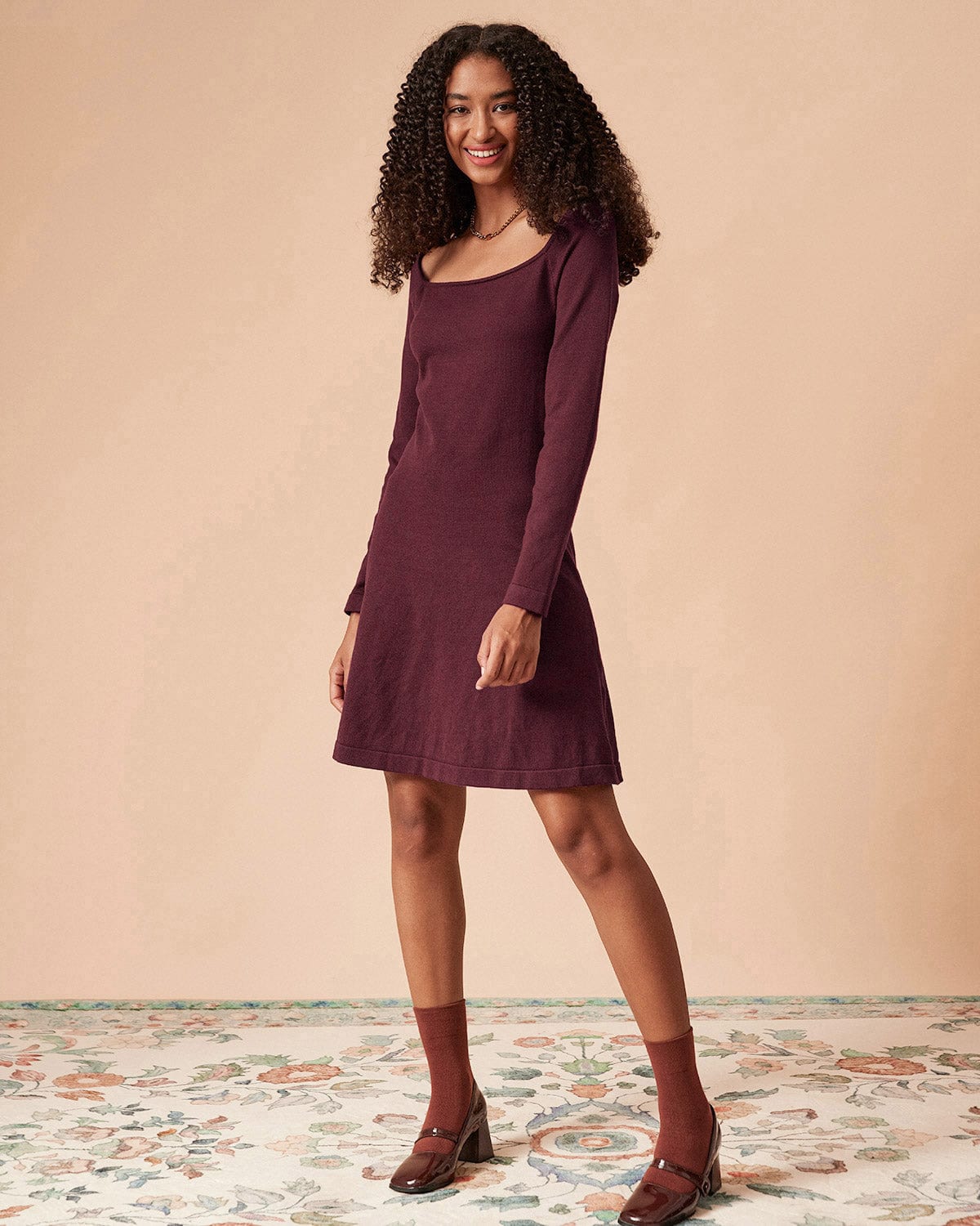 The Red Square Neck Long Sleeve Sweater Dress Cheap Sale With Credit Card