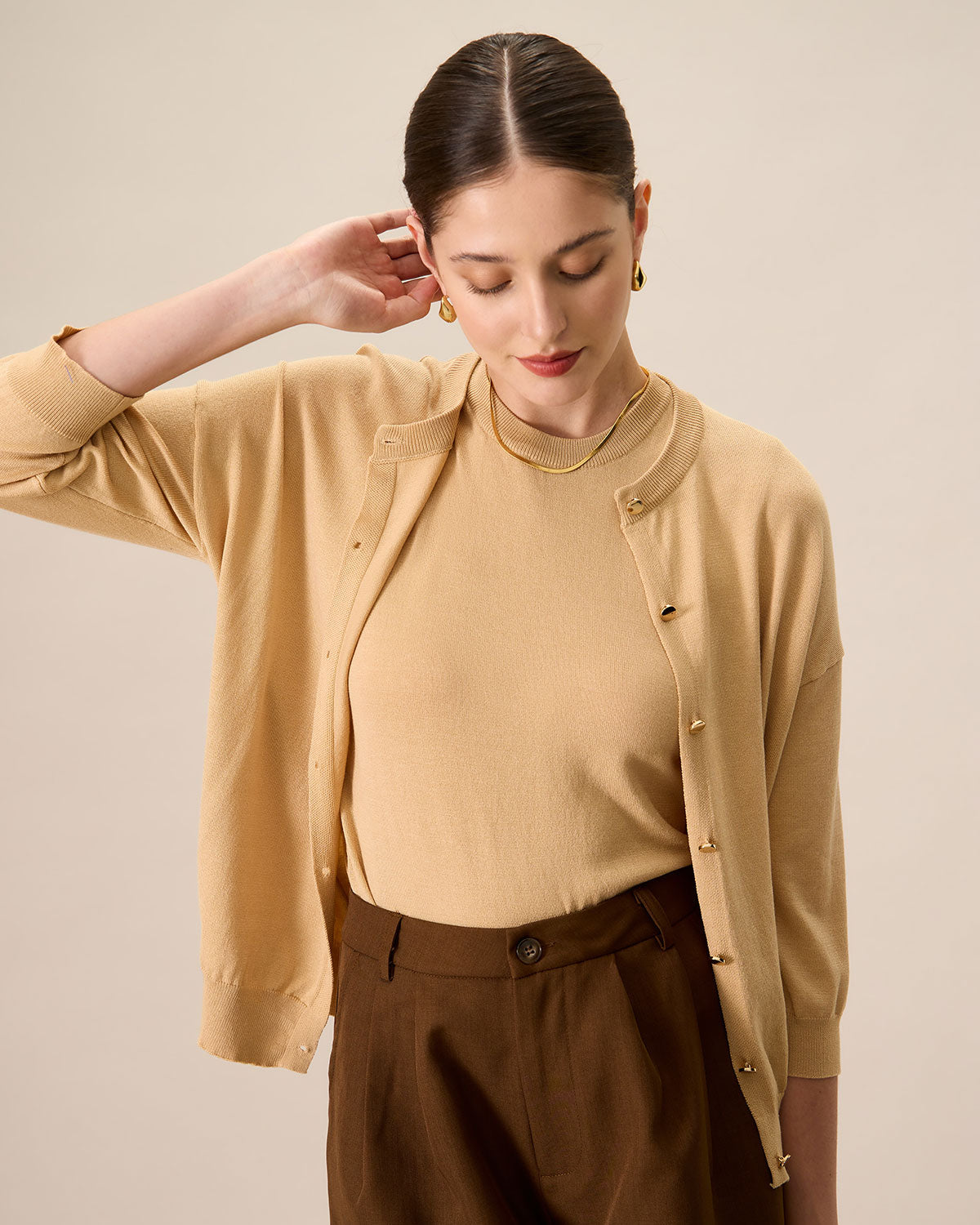 Women's Khaki Crew Neck Ribbed Tencel Cardigan