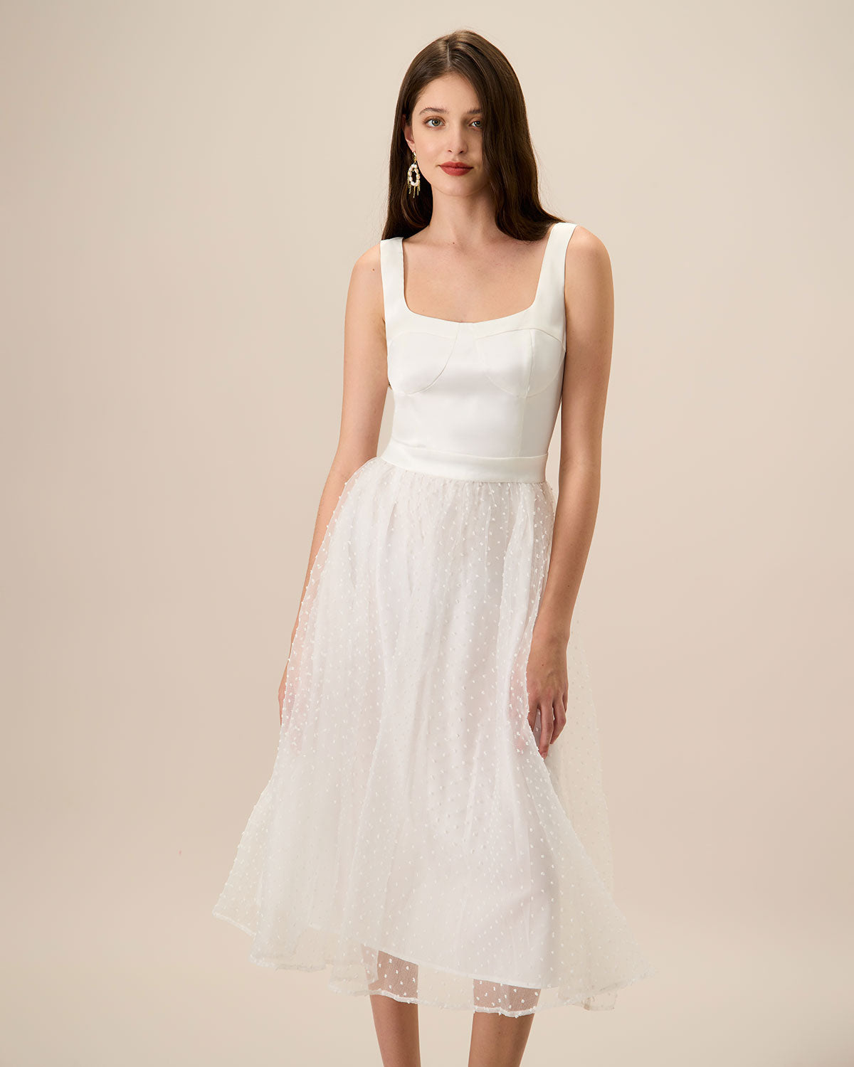 Women's White See-Through Splicing Midi Dress