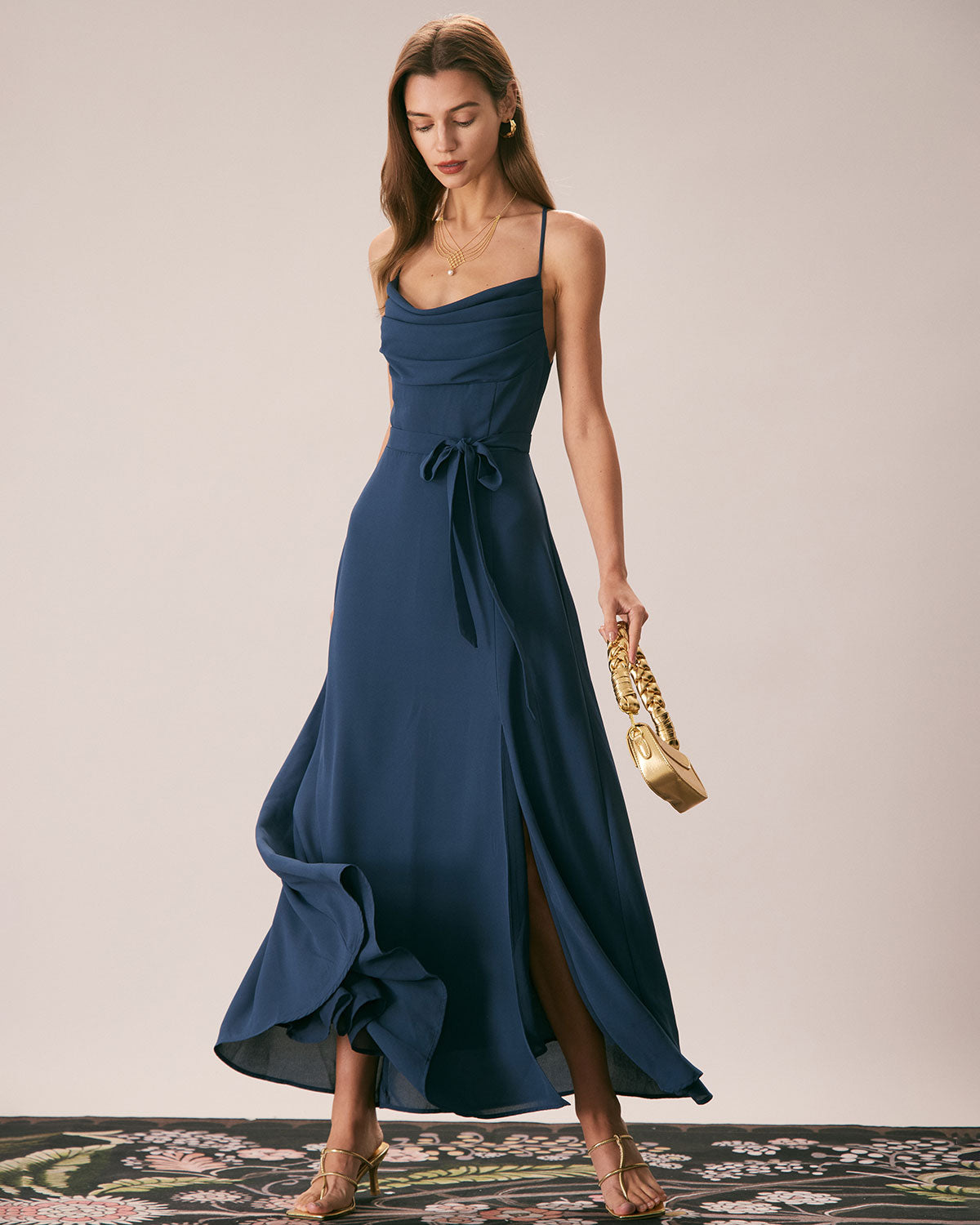 The Navy Cowl Neck Cutout Back Maxi Dress Discount Best Pices