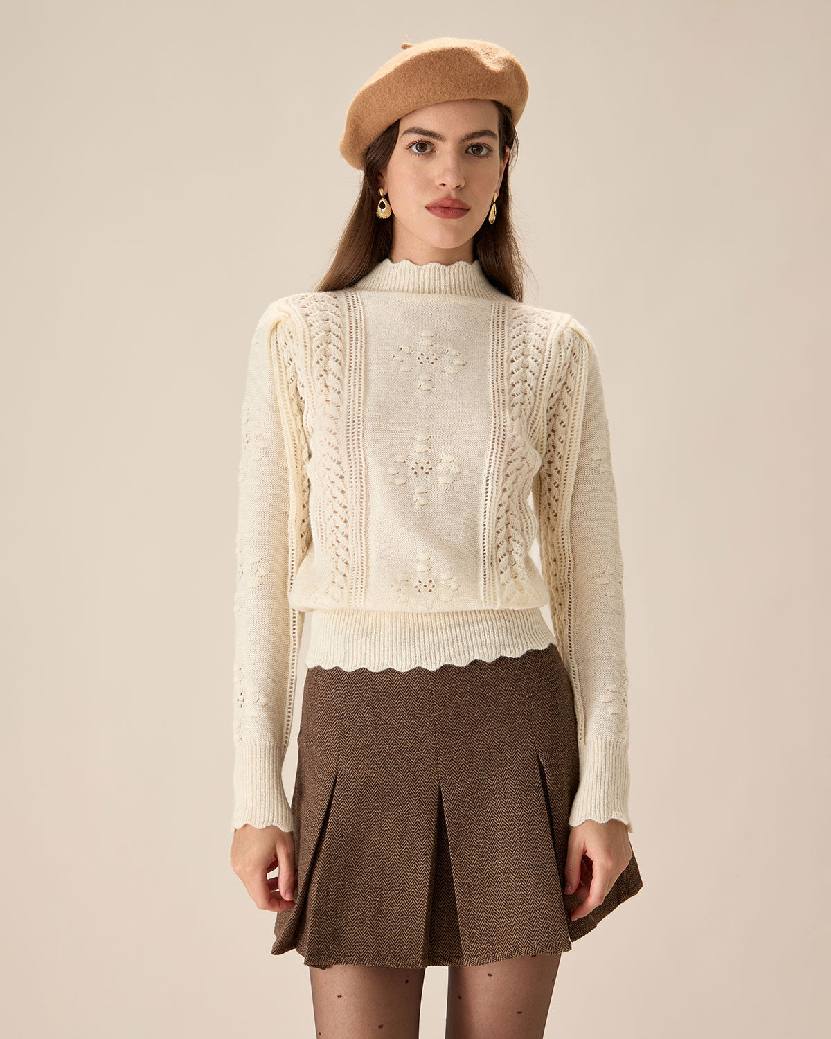 Beige Lantern Sleeve Sweater Free Shipping Online