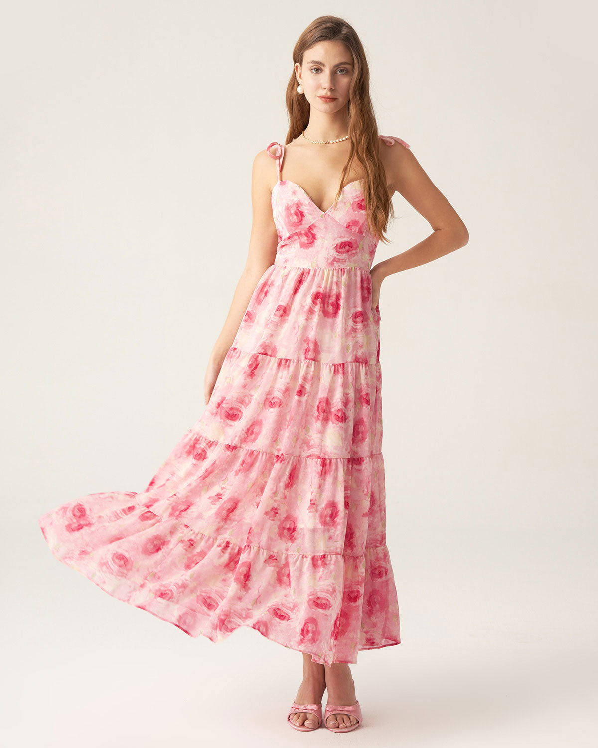 Pink Floral Tie Strap Midi Dress Sale How Much