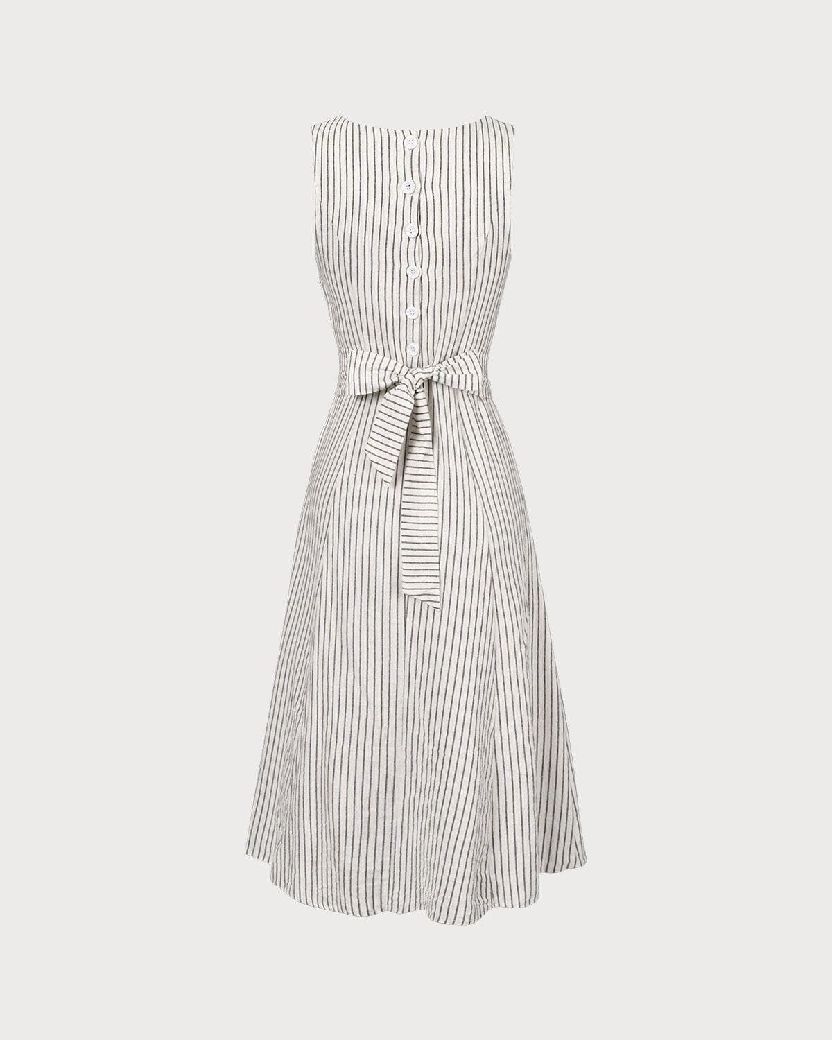 The White Square Neck Striped Midi Dress Discounts Sale Online