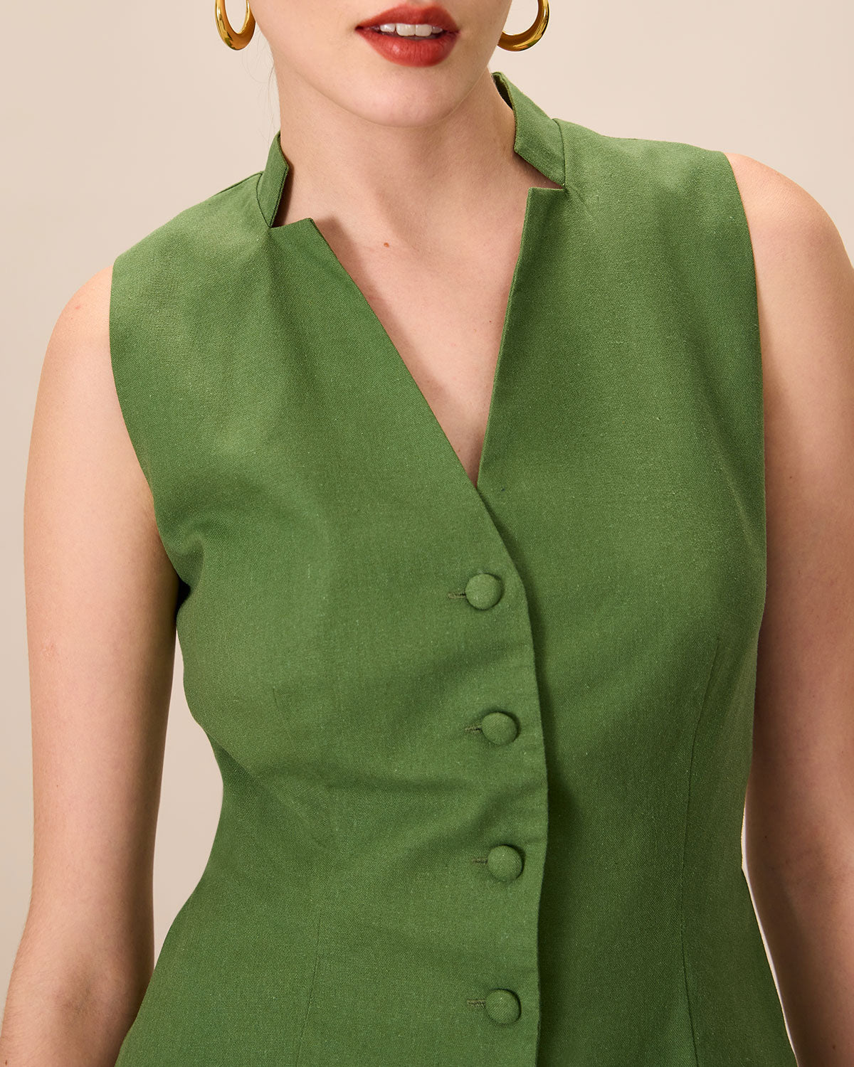 Women's Green Single Breasted Cotton Linen Vest