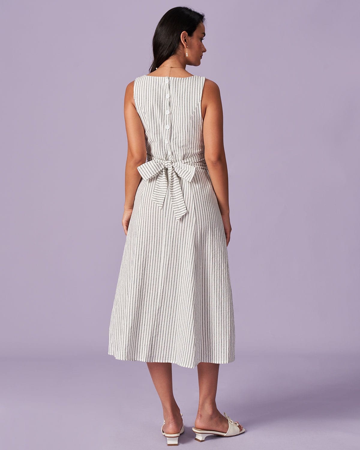 The White Square Neck Striped Midi Dress Discounts Sale Online