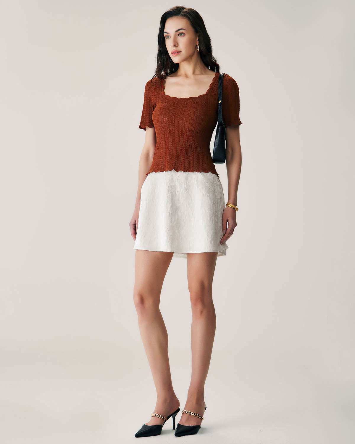 Brown Square Neck Scalloped Knit Tee Buy Cheap How Much